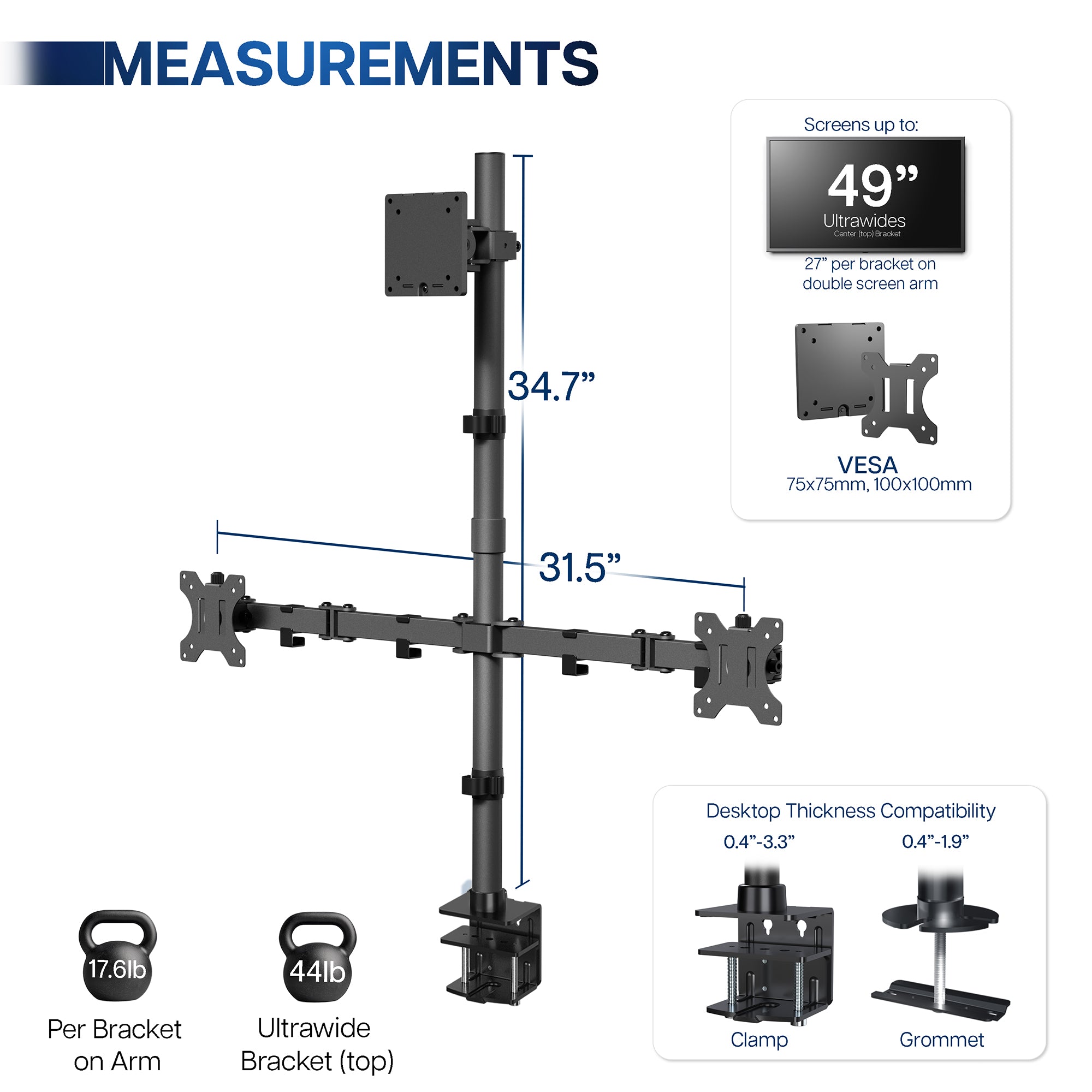 Monitor stand with measurements and compatibility details on a white background