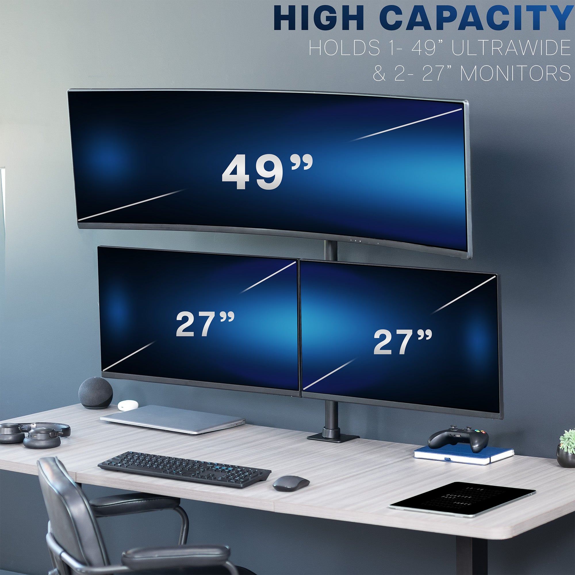 Desk setup with three monitors displaying screen sizes, with a text about monitor capacity.