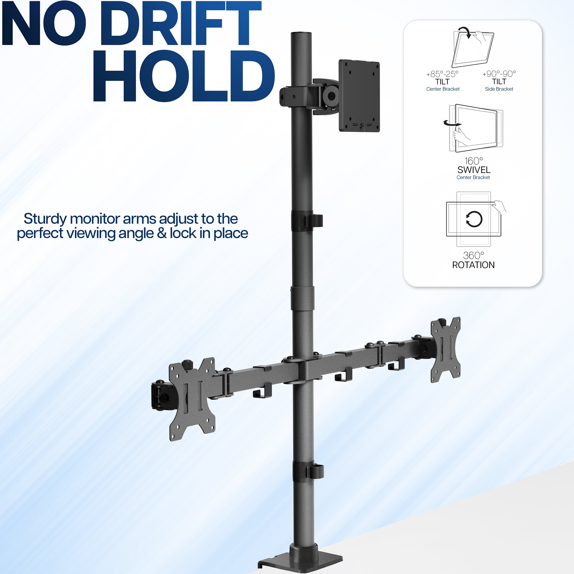 Monitor stand with adjustable arms on a light blue background, featuring text about 'No Drift Hold' and monitor arm features.