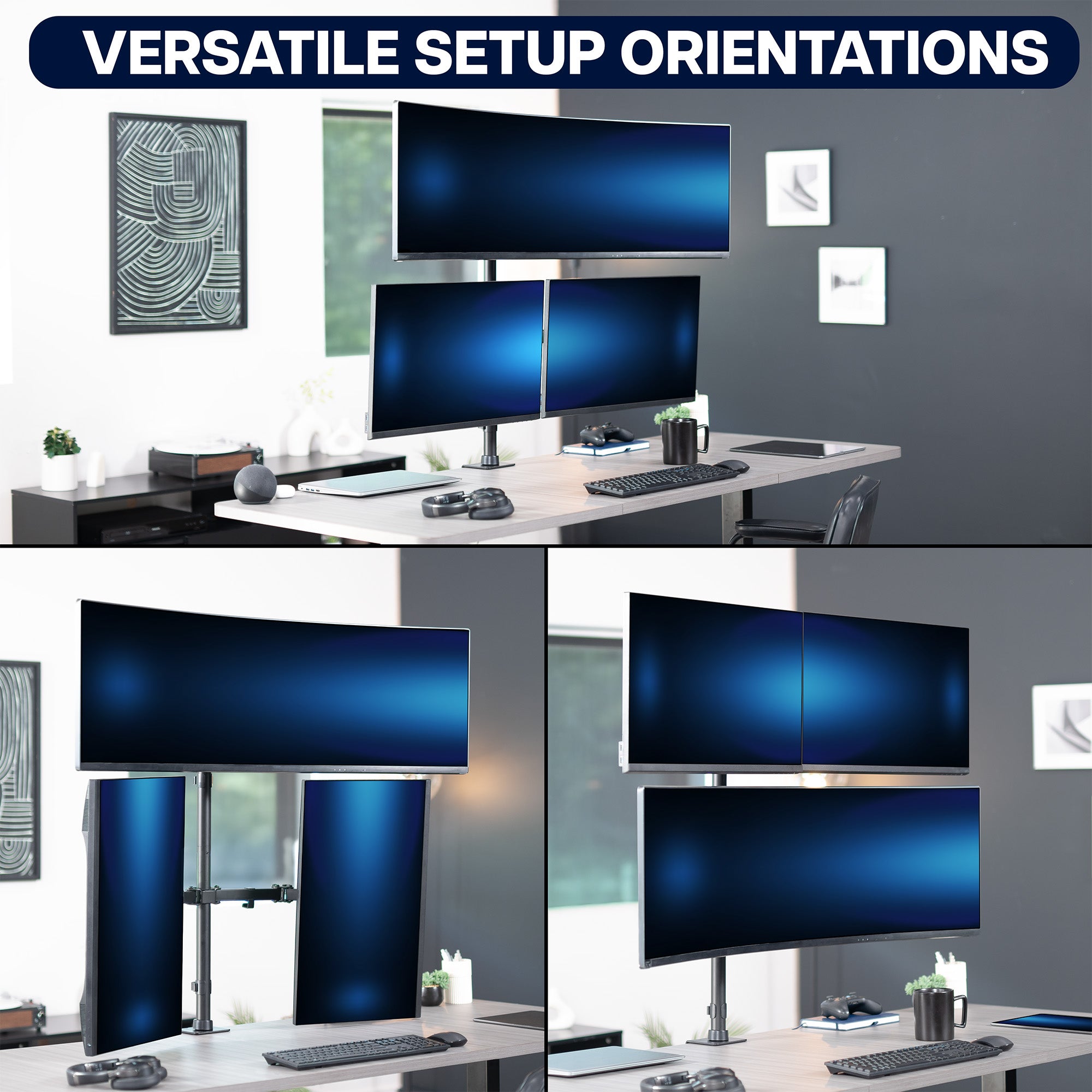 Collage of a computer setup with multiple monitors on a desk, emphasizing versatile setup orientations.