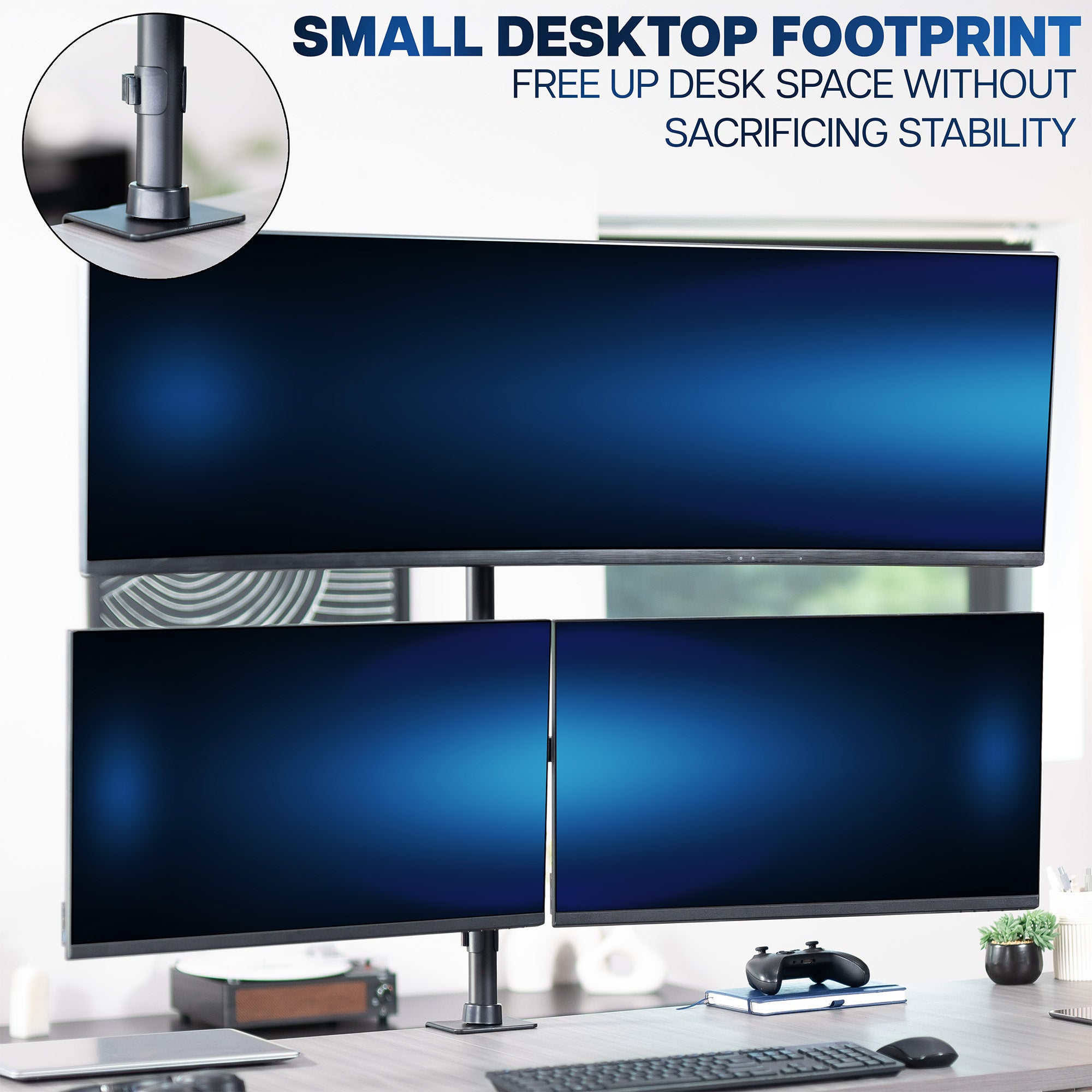 Two computer monitors on a desk with text about small desktop footprint and stability.