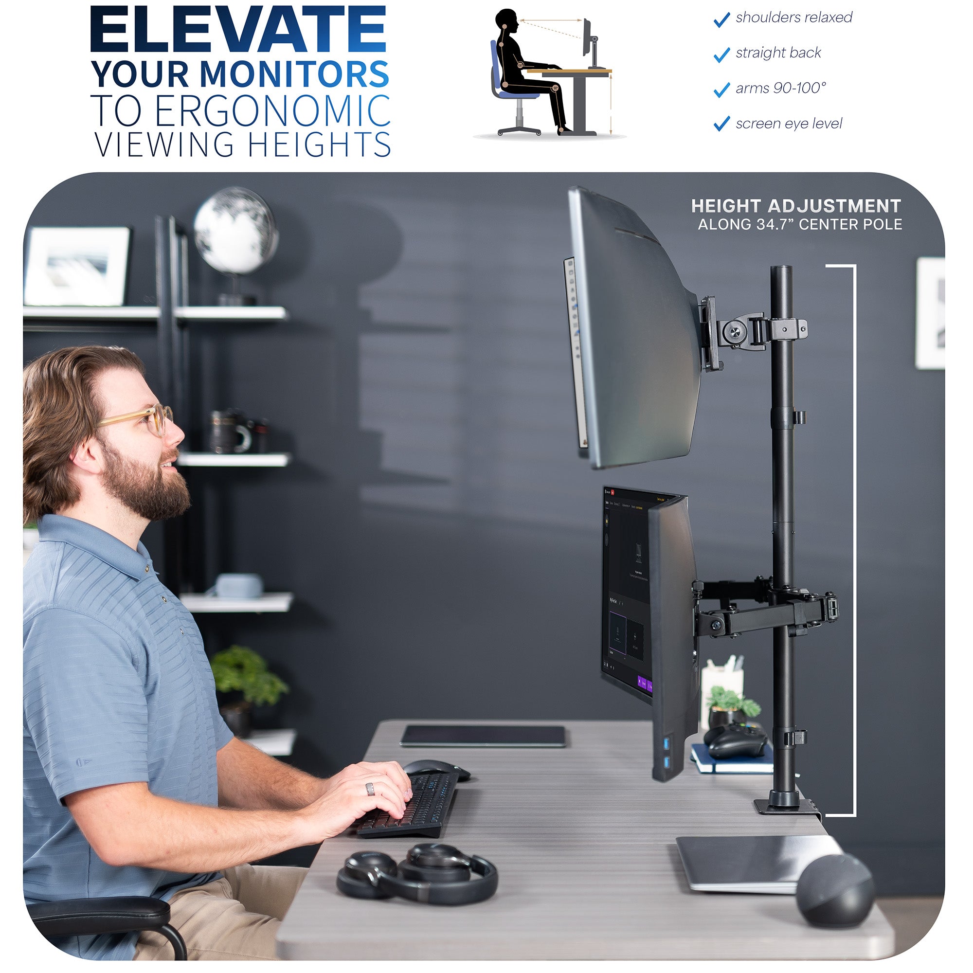 Ergonomic monitor stand setup with a person using a computer, emphasizing proper posture.