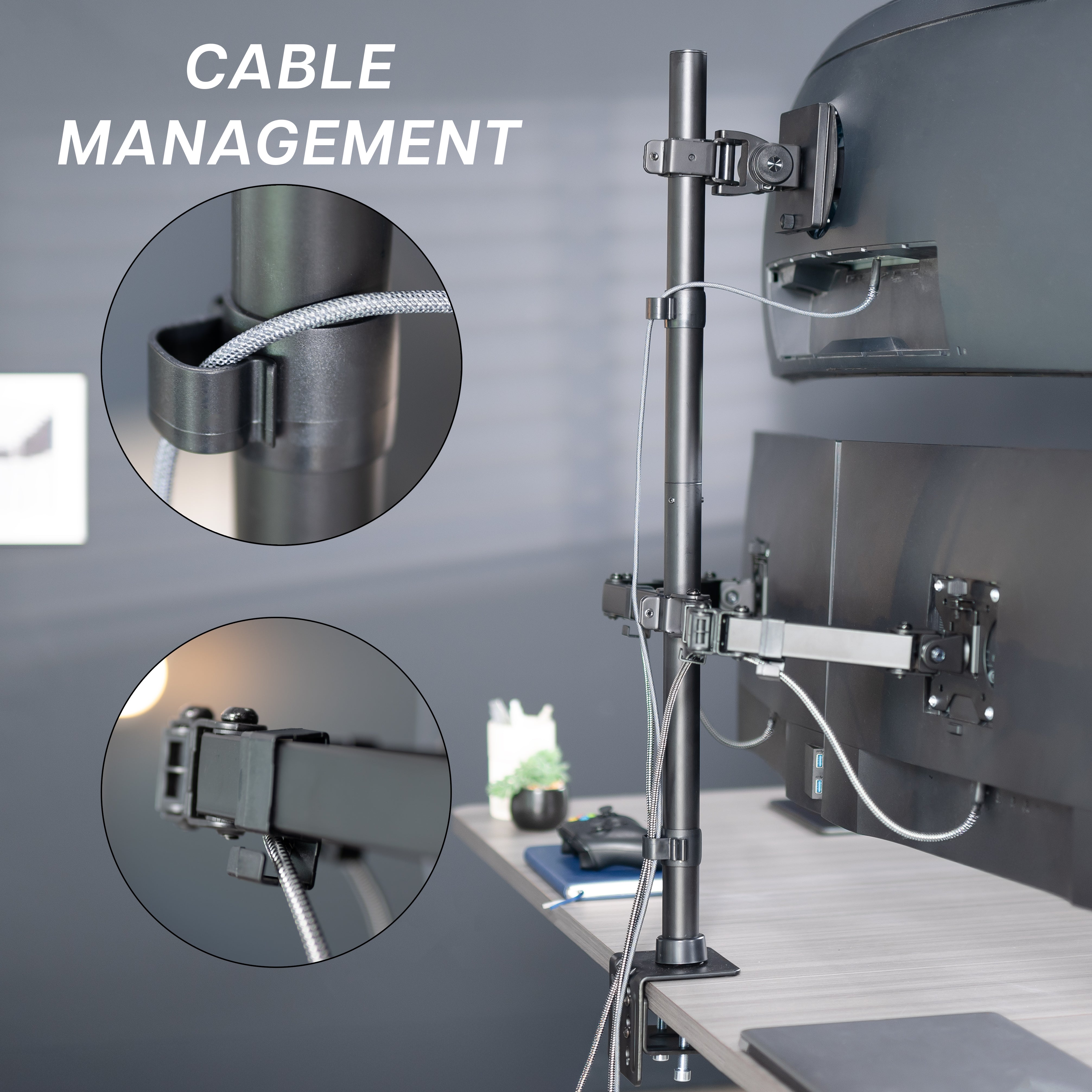 Cable management system with close-up details on a desk setup.