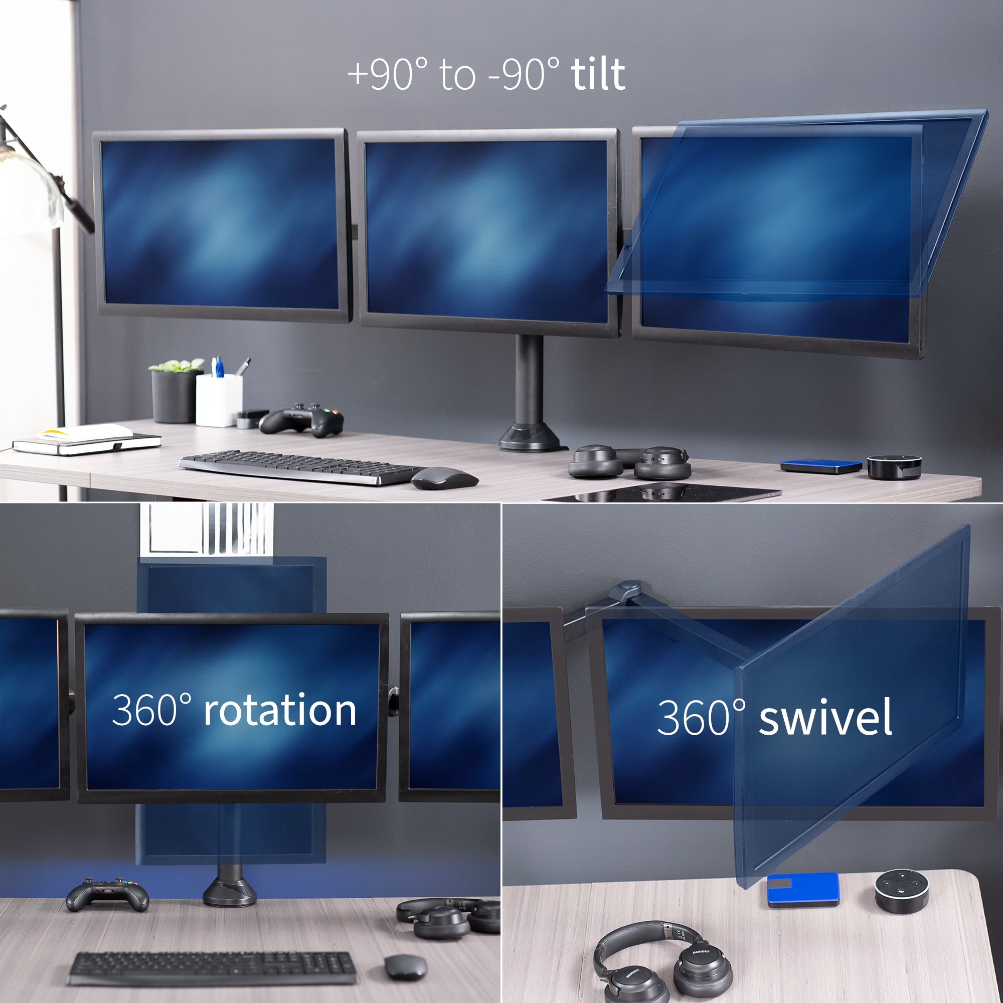 Multi-monitor setup with 360-degree rotation and swivel features on a desk.