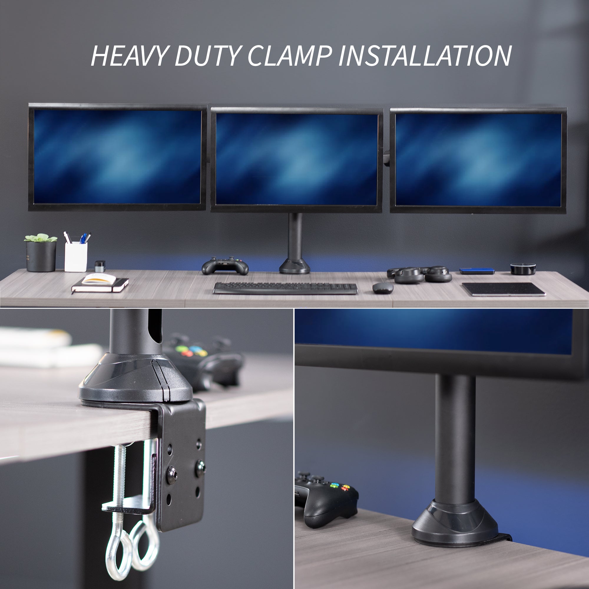Three monitors on a desk with a focus on heavy-duty clamp installation.