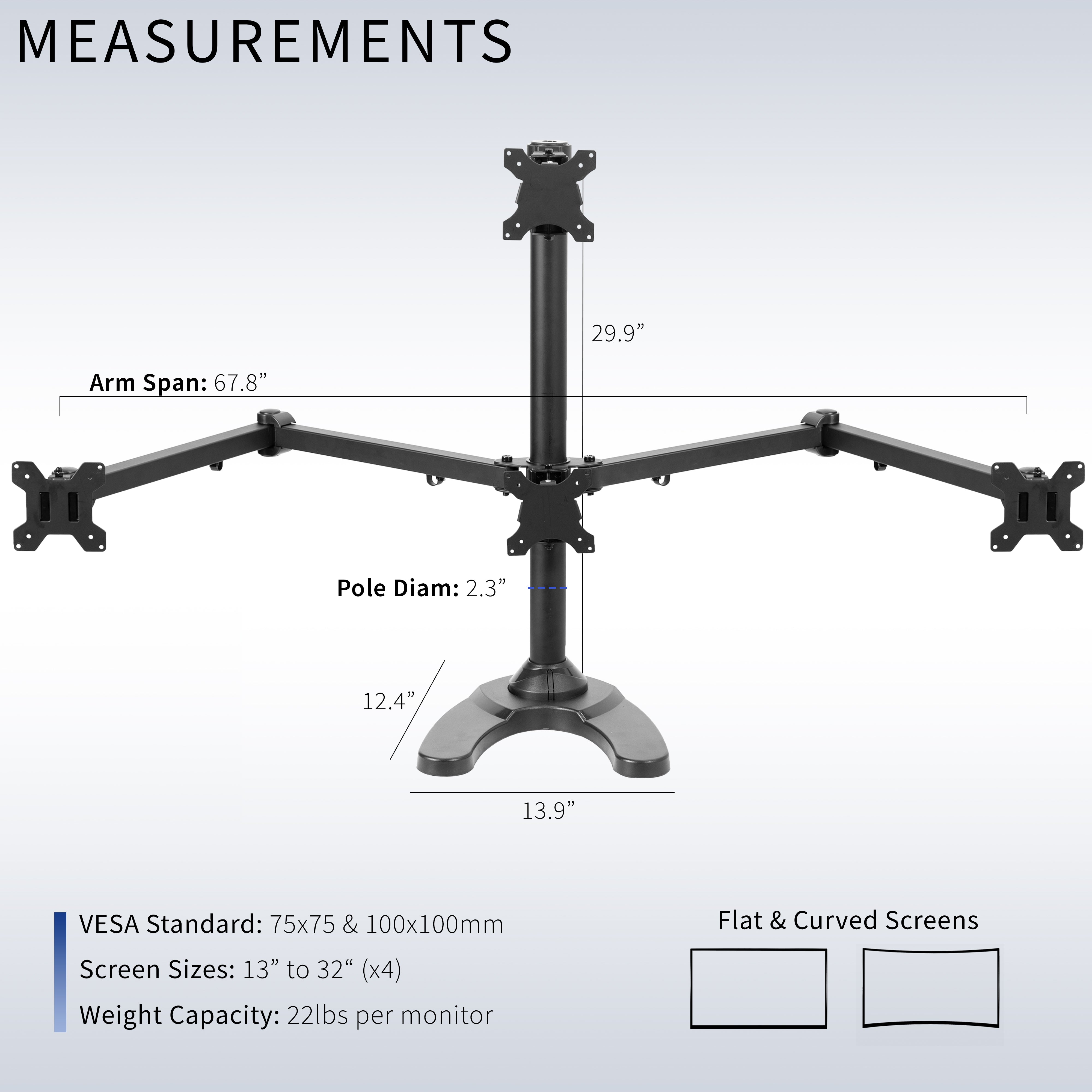 Measurements and specifications of Quad Monitor Desk Stand