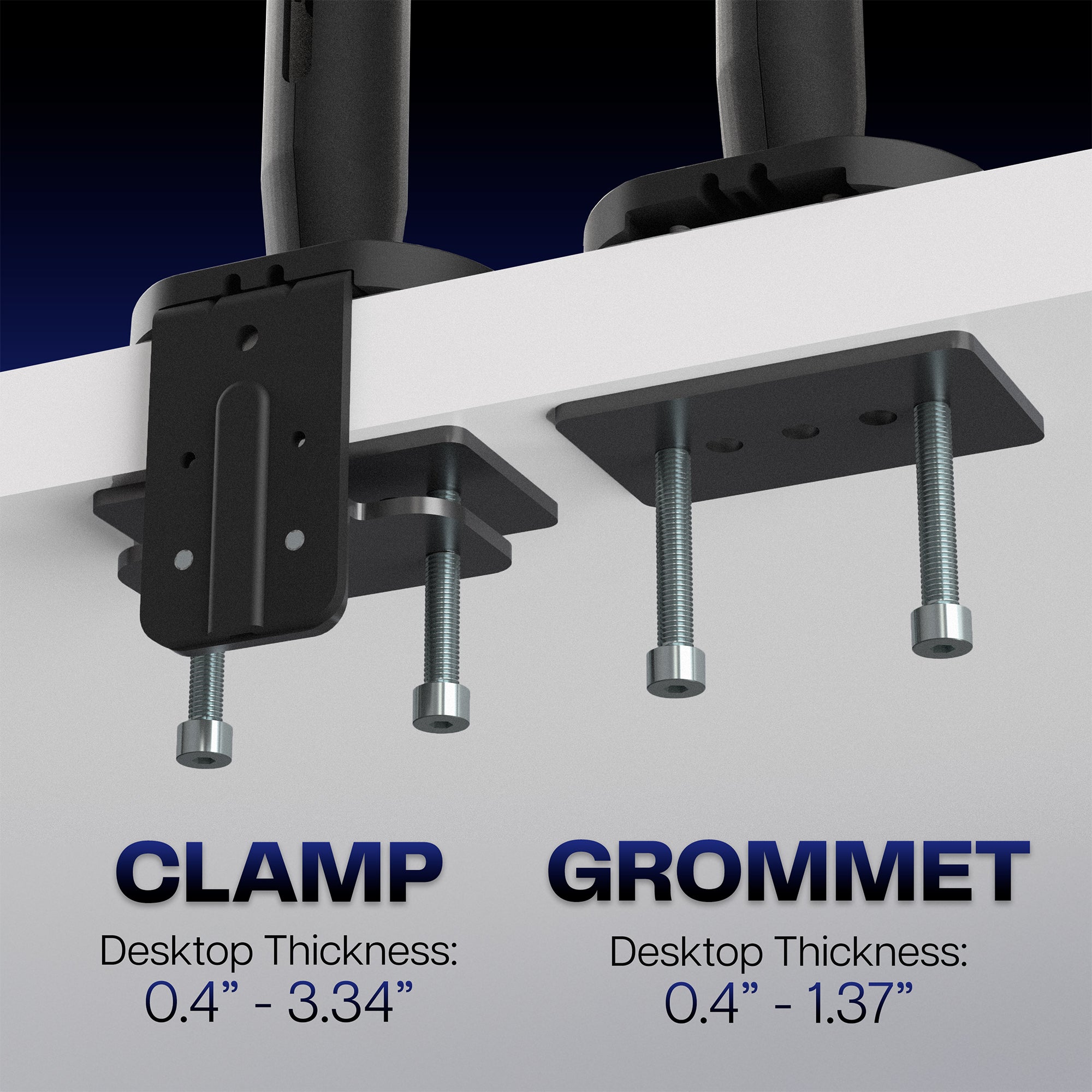 Clamp and grommet hardware with specifications on a white background
