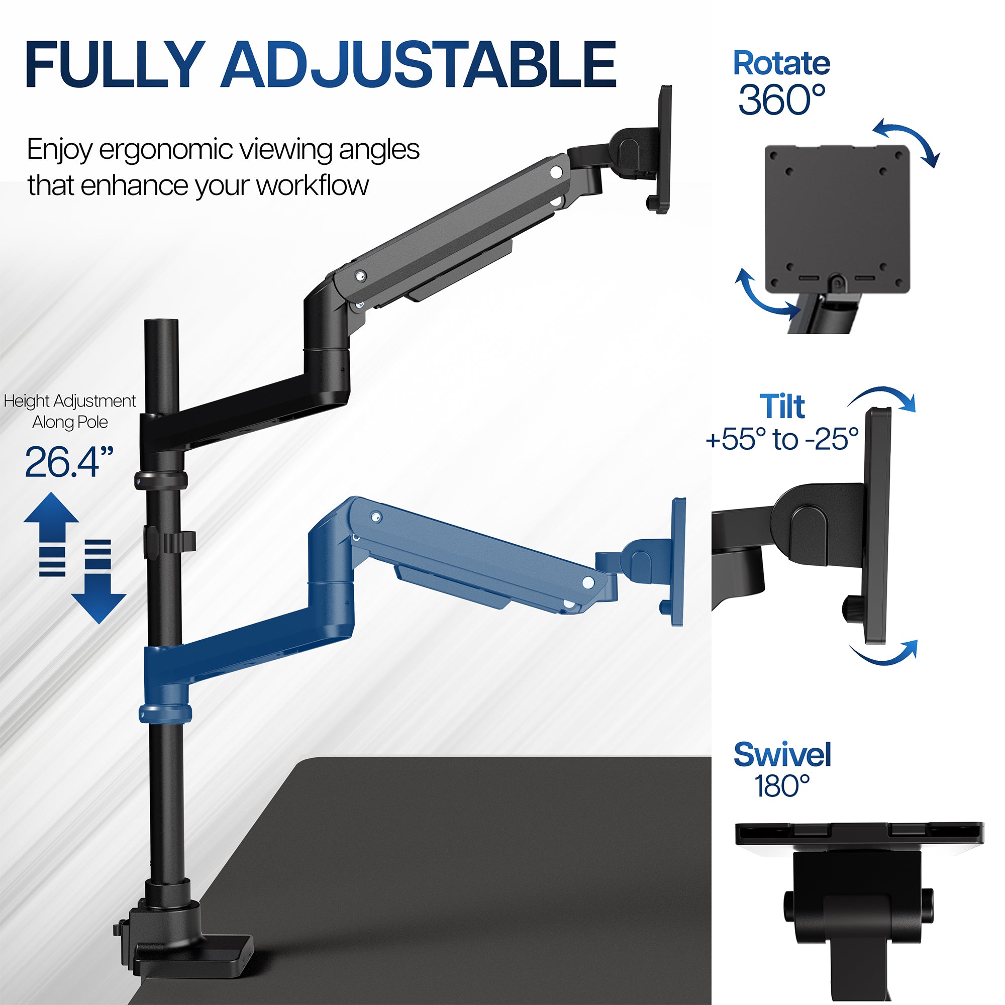 Fully adjustable monitor stand with features highlighted on a white background