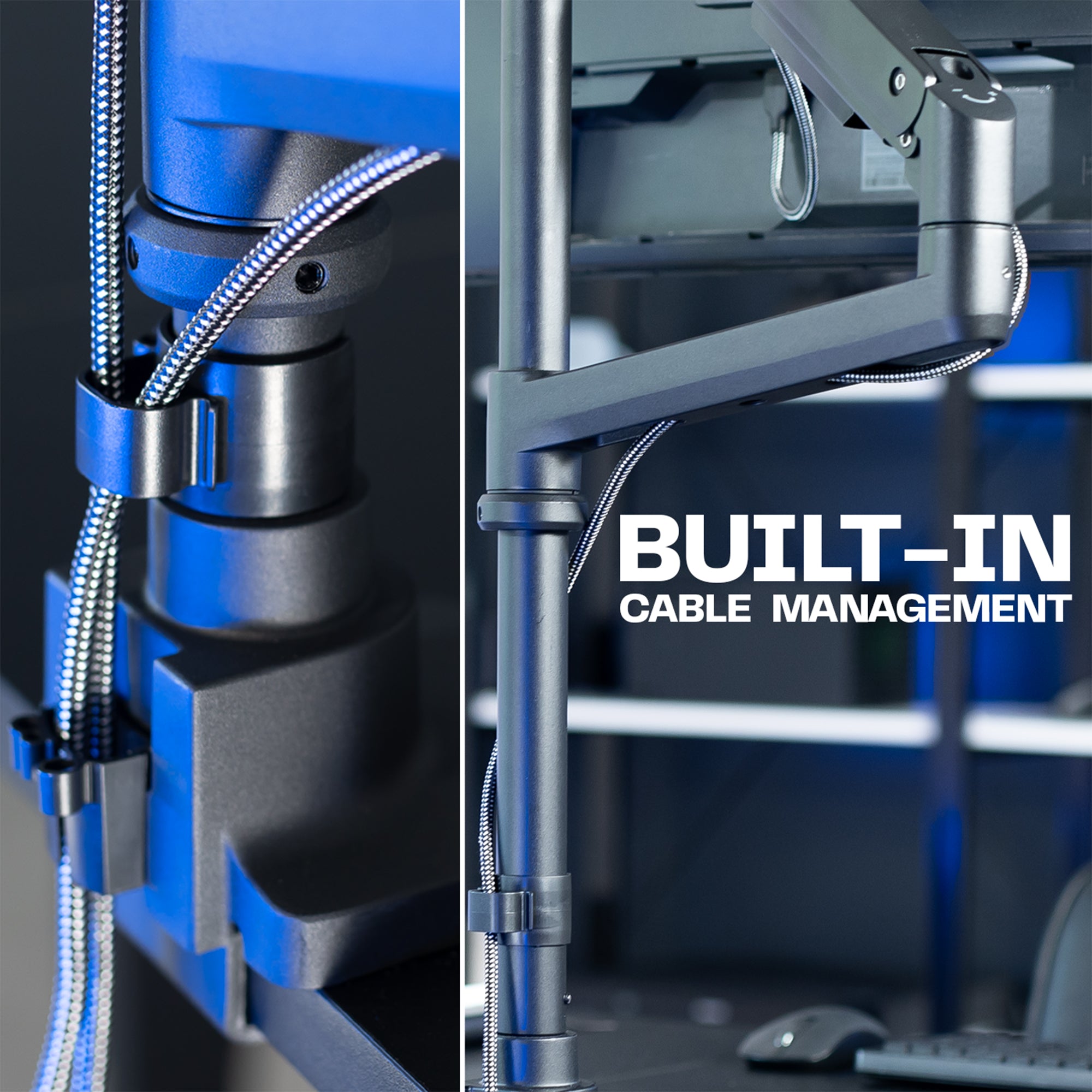 Close-up of a computer setup with built-in cable management system.