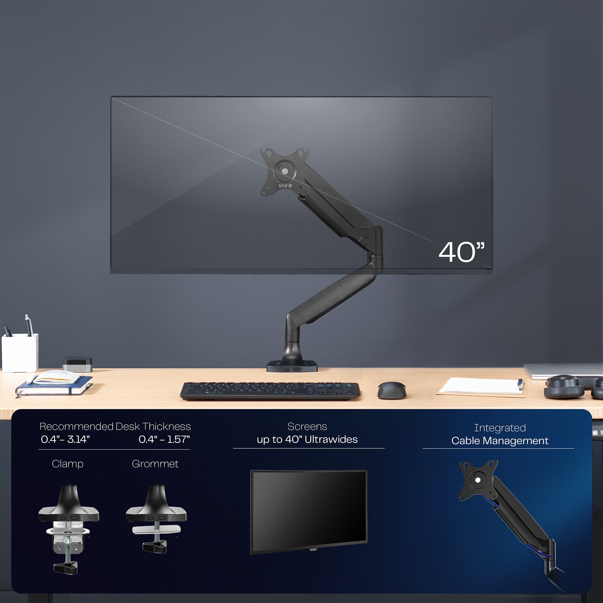 Single ultrawide monitor desk mount arm with a black finish on a dark wall.