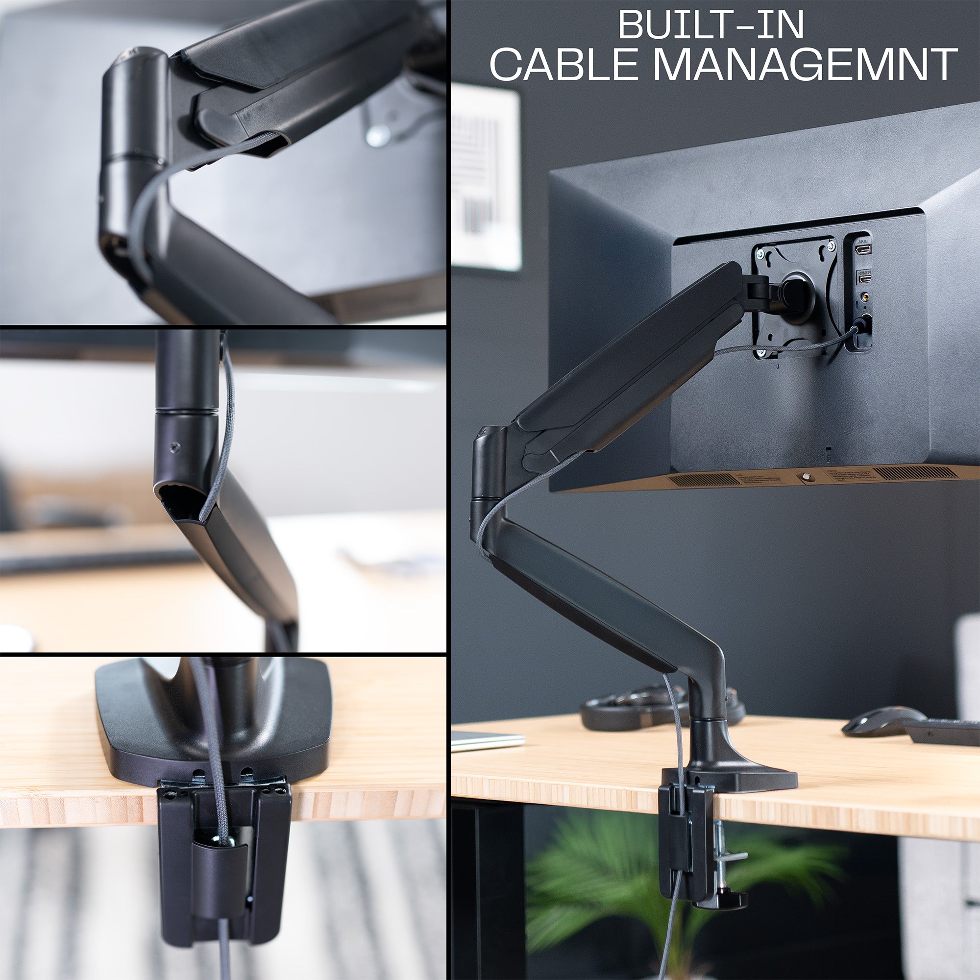 Single ultrawide monitor desk mount arm with a black finish with built in cable management.