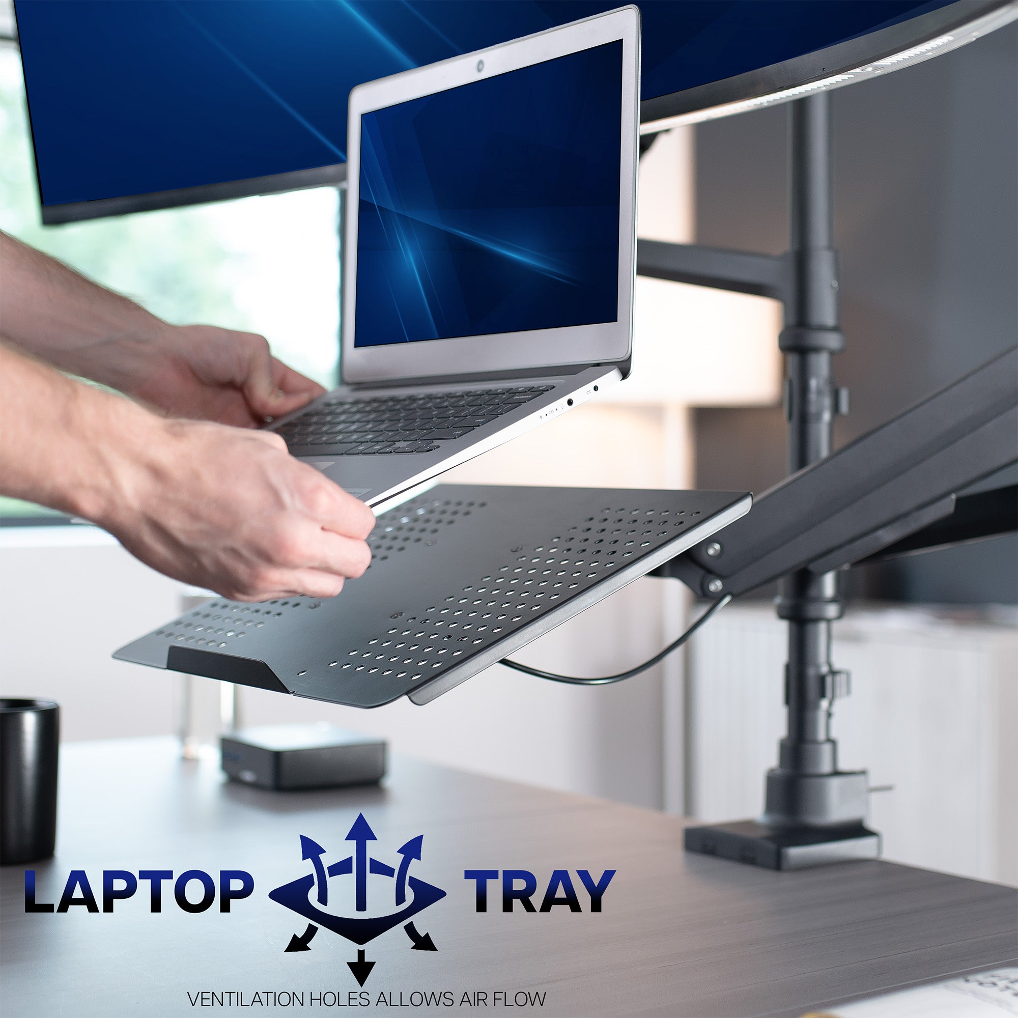 Laptop tray being used with a laptop on a desk setup