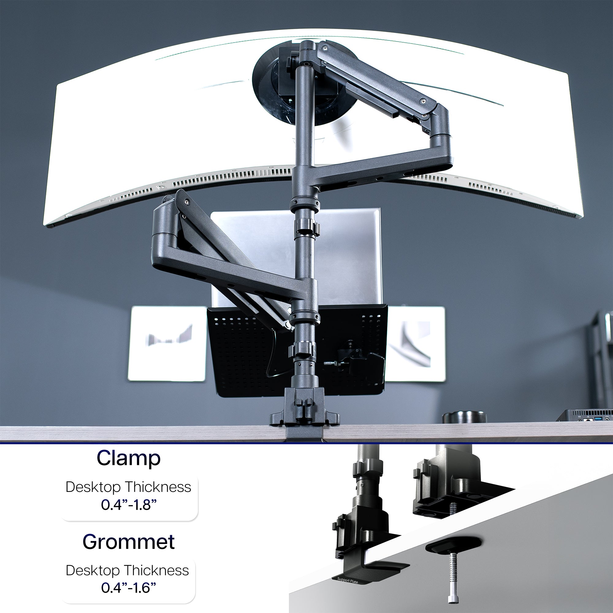 Monitor laptop stand with clamp and grommet options on a gray background