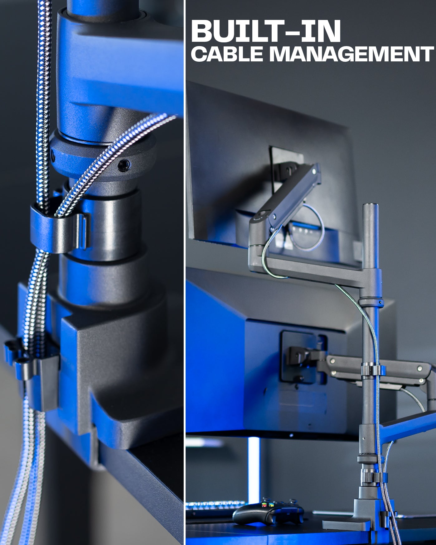 Dual monitor ultrawide desk mount with extending arms. Featuring height adjustment, tilt, swivel, rotation, and integrated cable management.