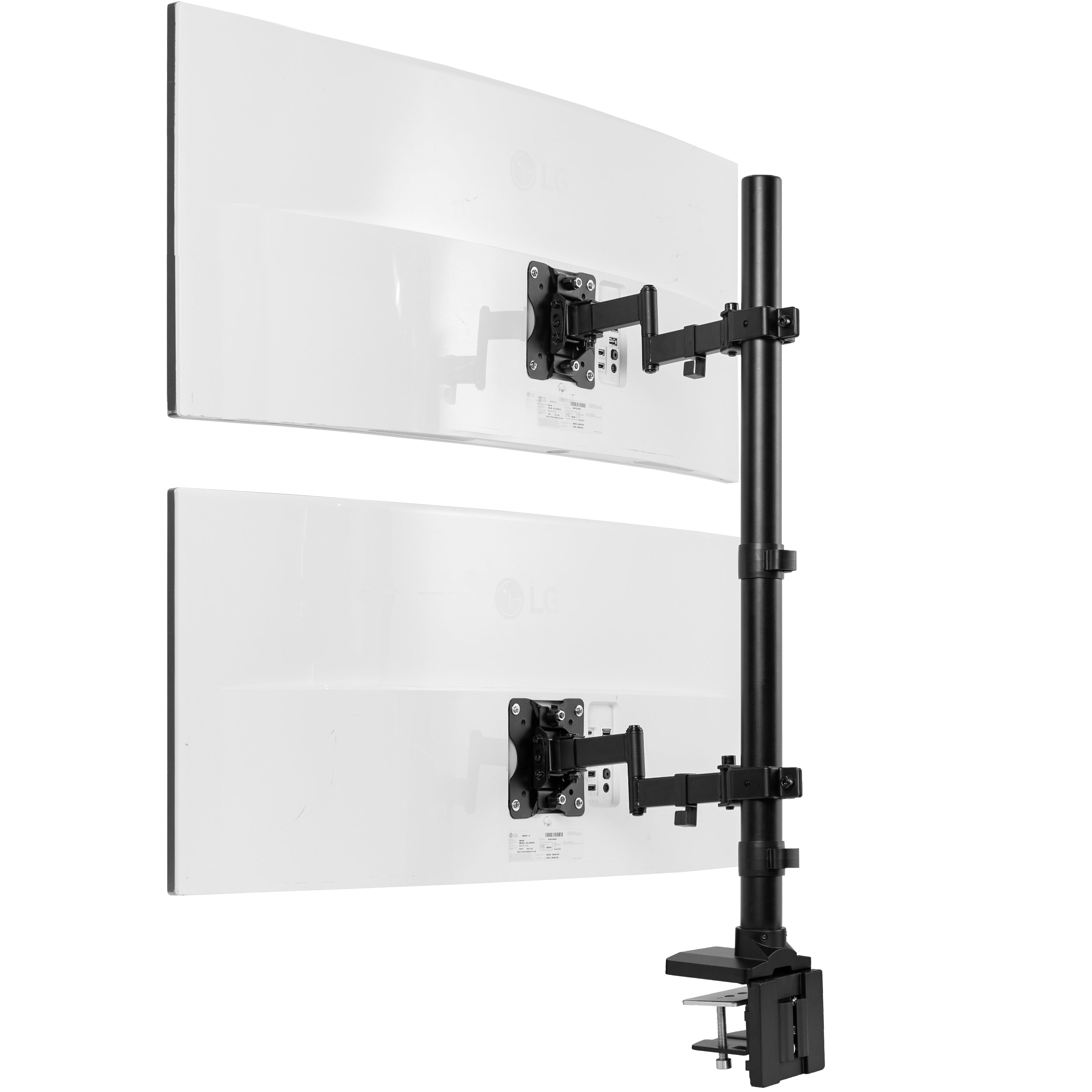 Stacked vertical dual monitor ultrawide desk mount with extending arms. Height adjustable with tilt, swivel, and integrated cable management.
