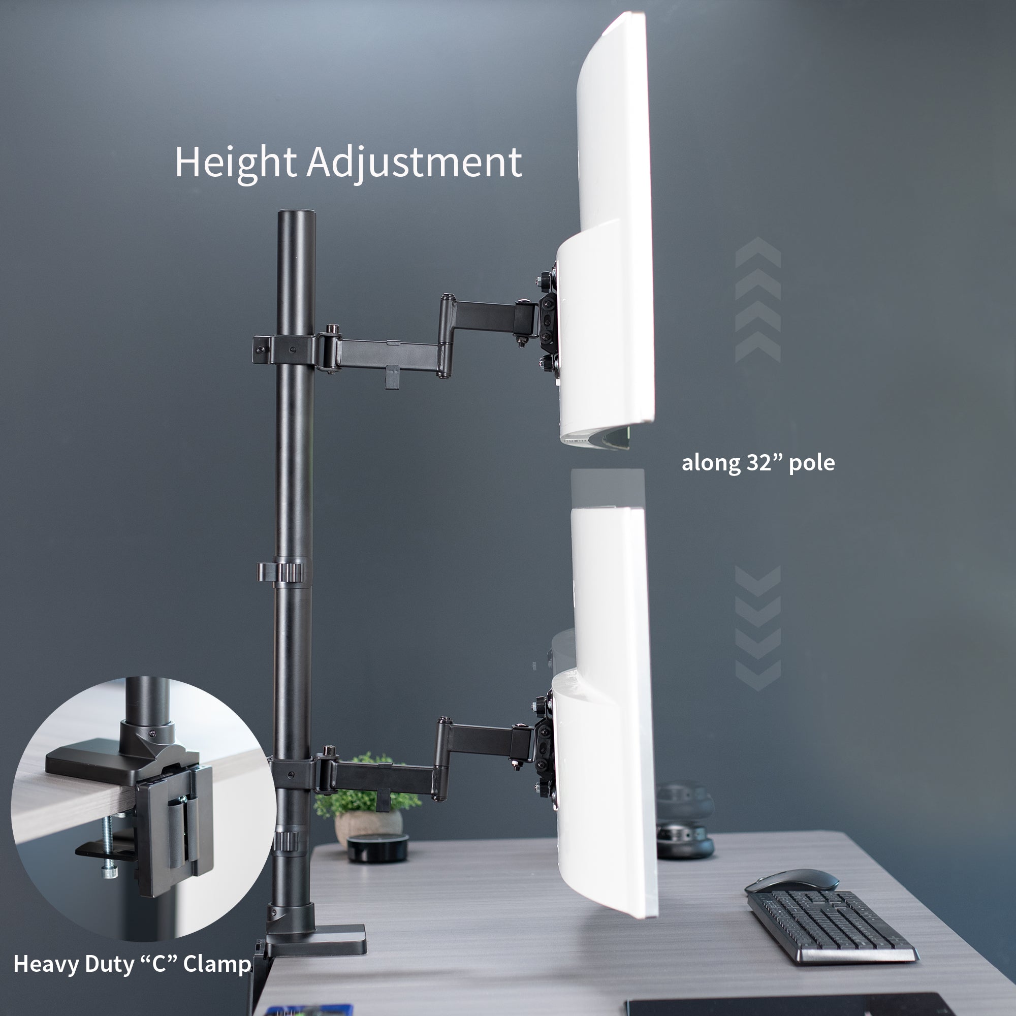 Stacked vertical dual monitor ultrawide desk mount with extending arms. Height adjustable with tilt, swivel, and integrated cable management.