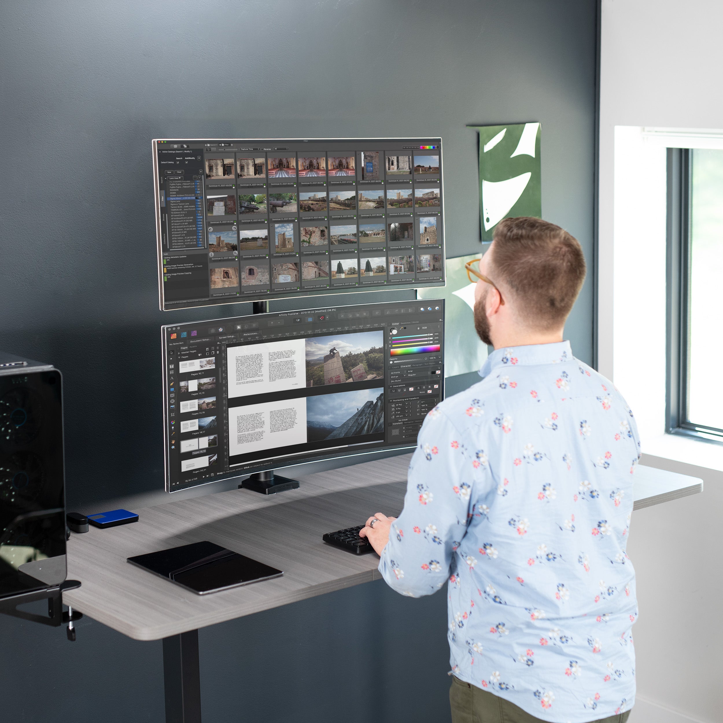 Stacked vertical dual monitor ultrawide desk mount with extending arms. Height adjustable with tilt, swivel, and integrated cable management.