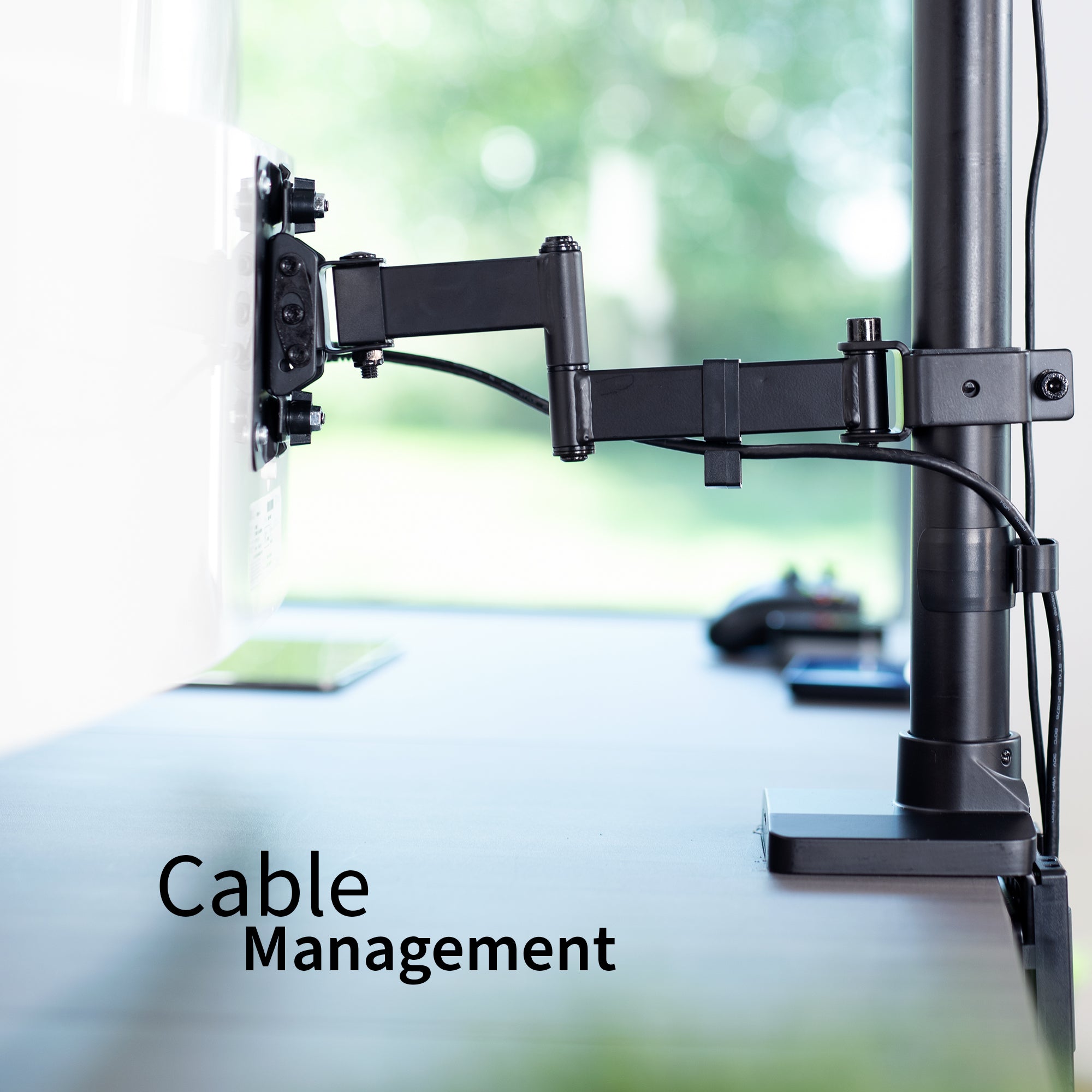 Stacked vertical dual monitor ultrawide desk mount with extending arms. Height adjustable with tilt, swivel, and integrated cable management.