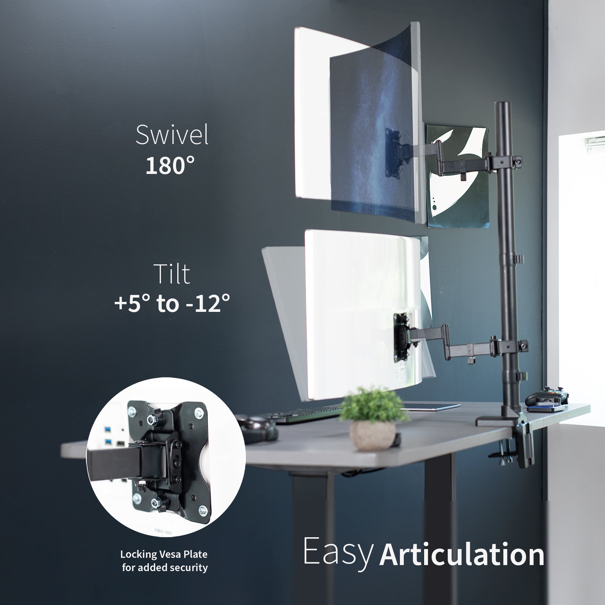 Stacked vertical dual monitor ultrawide desk mount with extending arms. Height adjustable with tilt, swivel, and integrated cable management.
