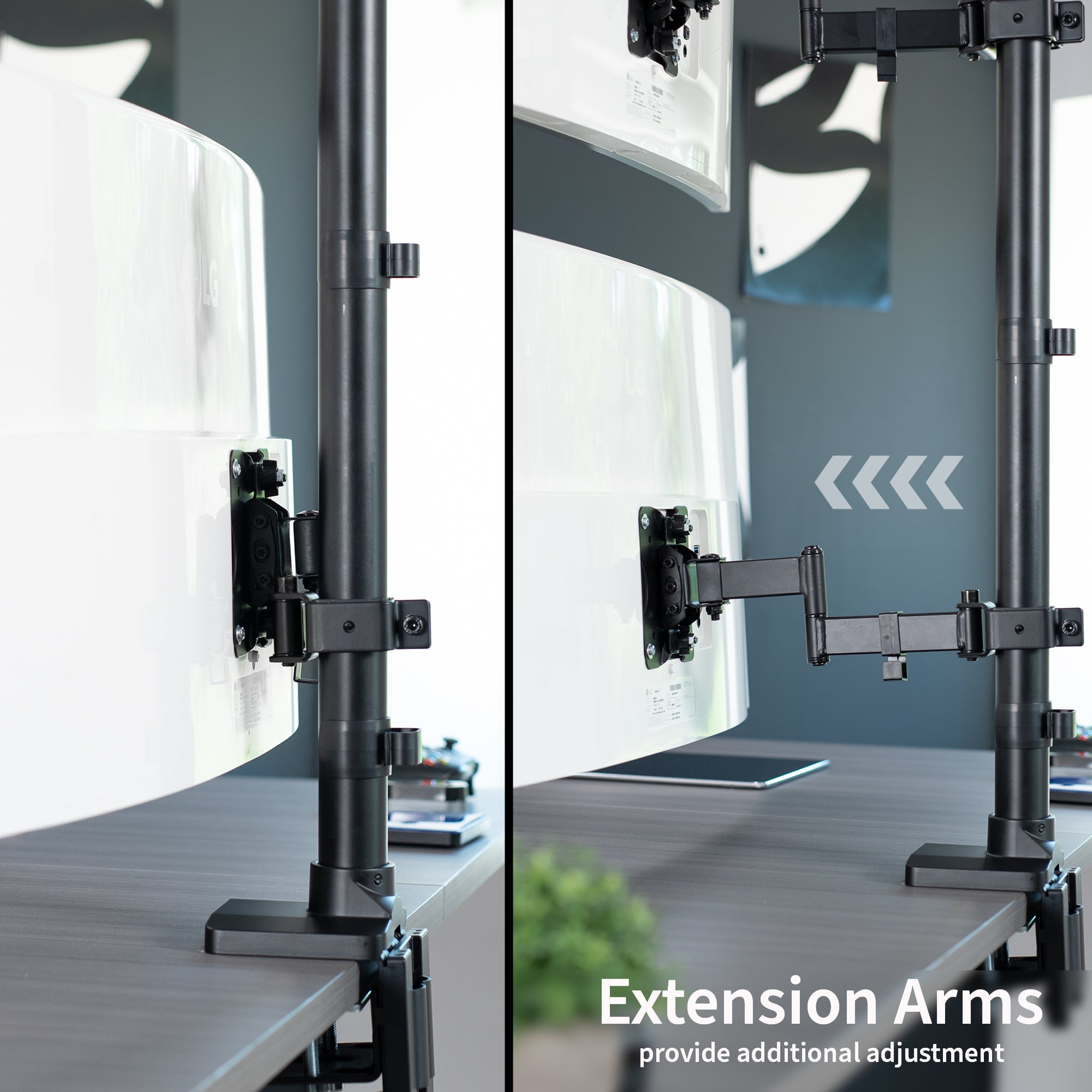 Stacked vertical dual monitor ultrawide desk mount with extending arms. Height adjustable with tilt, swivel, and integrated cable management.