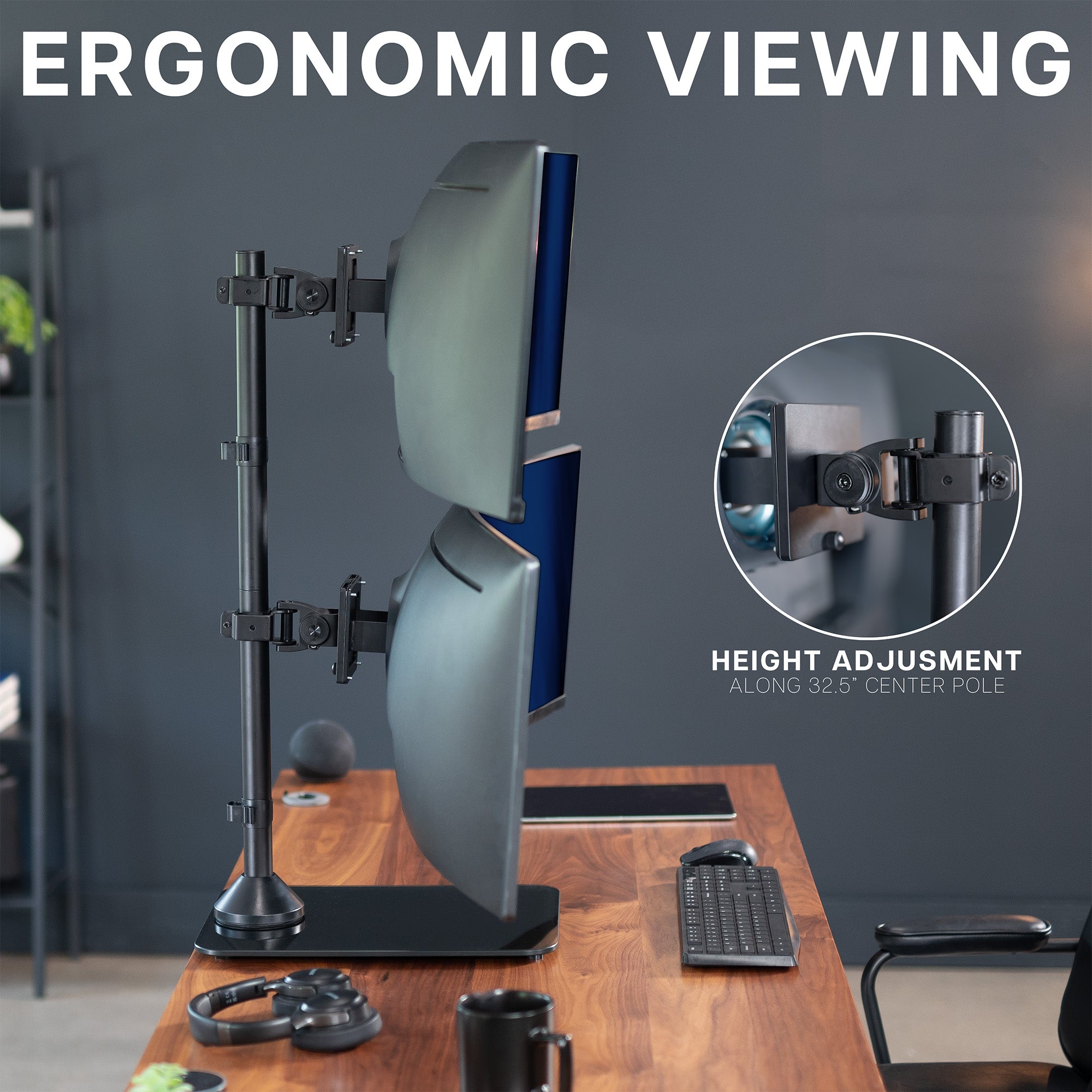 Ergonomic monitor stand with height adjustment feature on a desk.