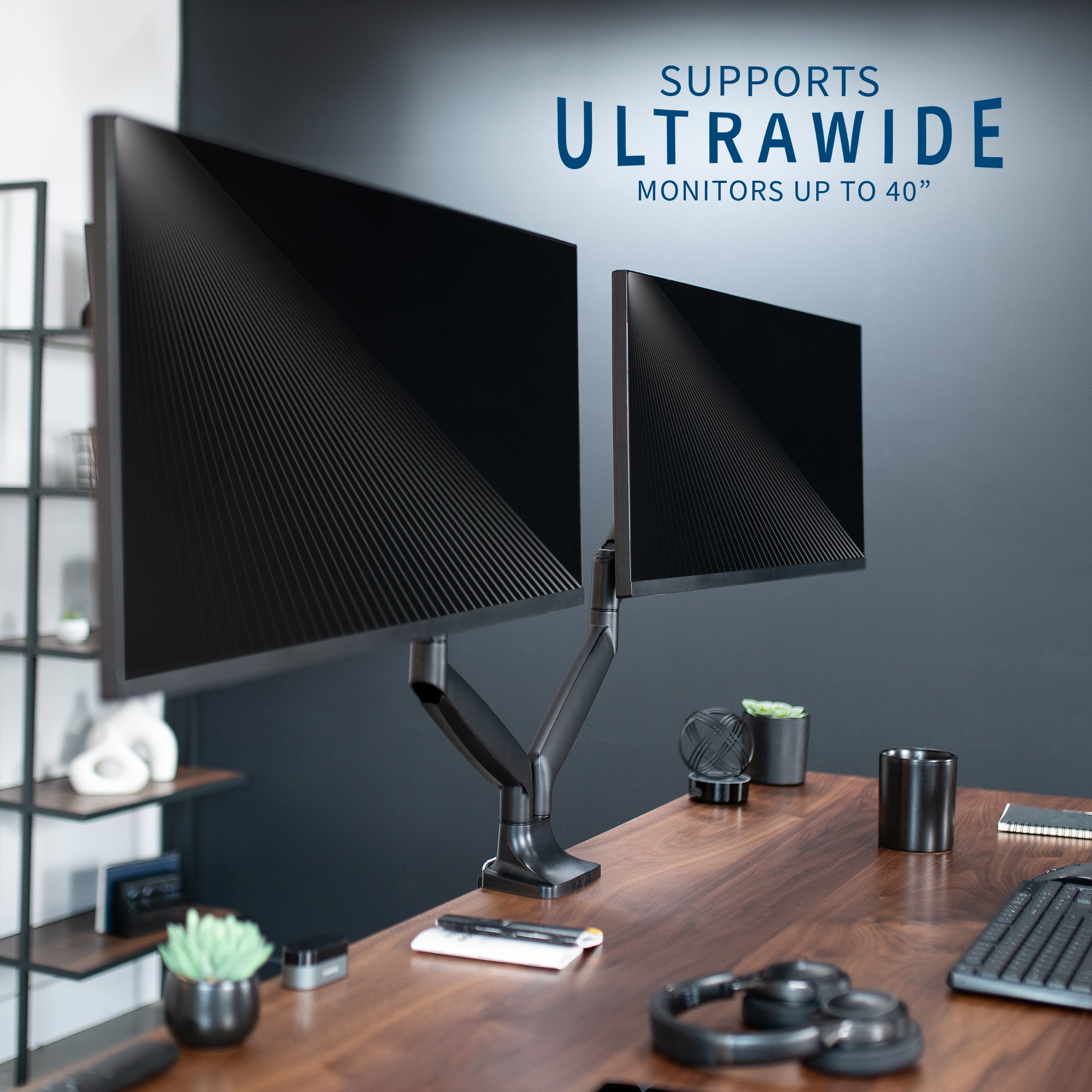 VIVO Premium Aluminum Heavy Duty Dual Monitor Mount holds two 17” to 40” monitors weighing 2.2 lbs to 24 lbs each, including ultra-wide screens.