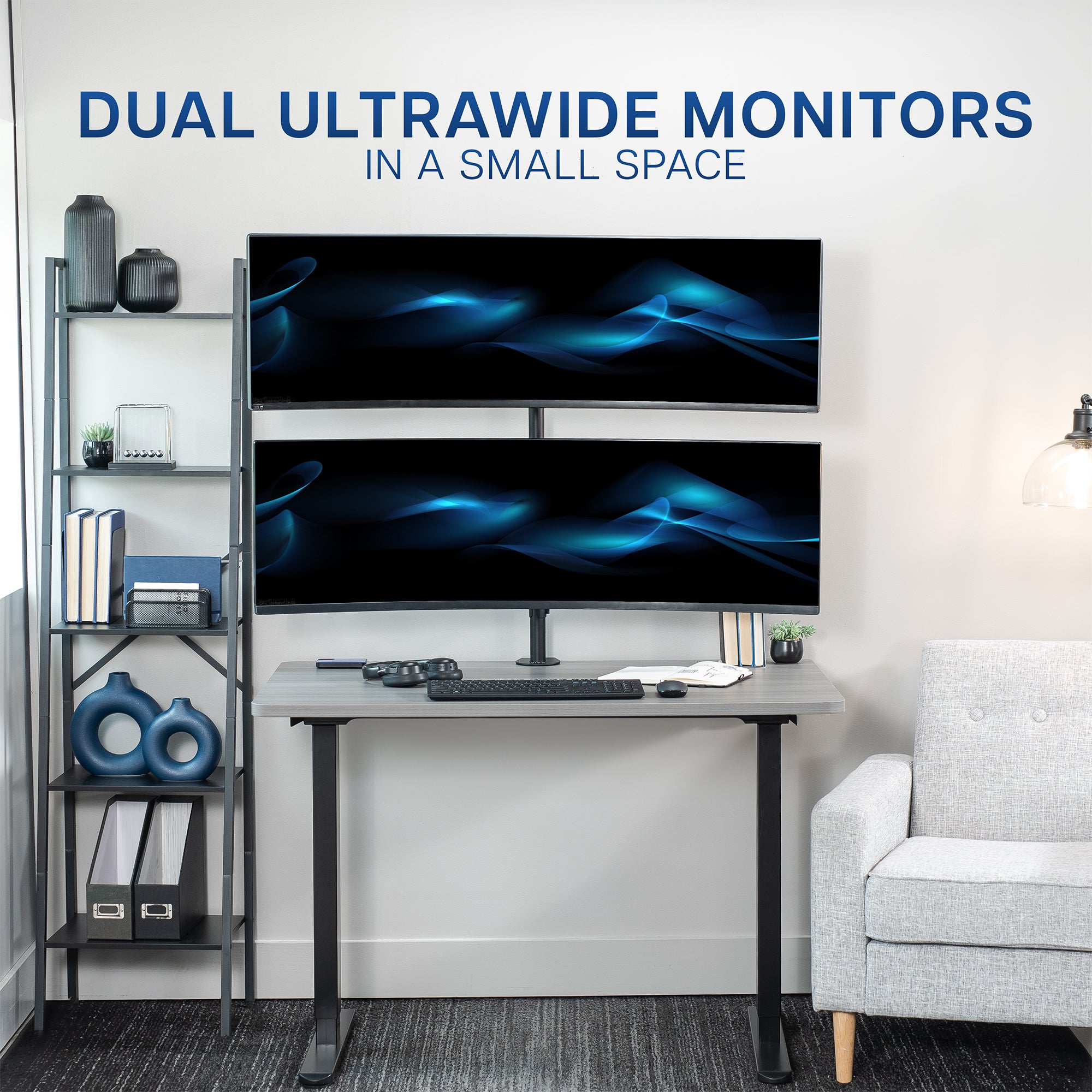 Stacked vertical dual monitor ultrawide desk mount with height adjustment, tilt, swivel, and integrated cable management.