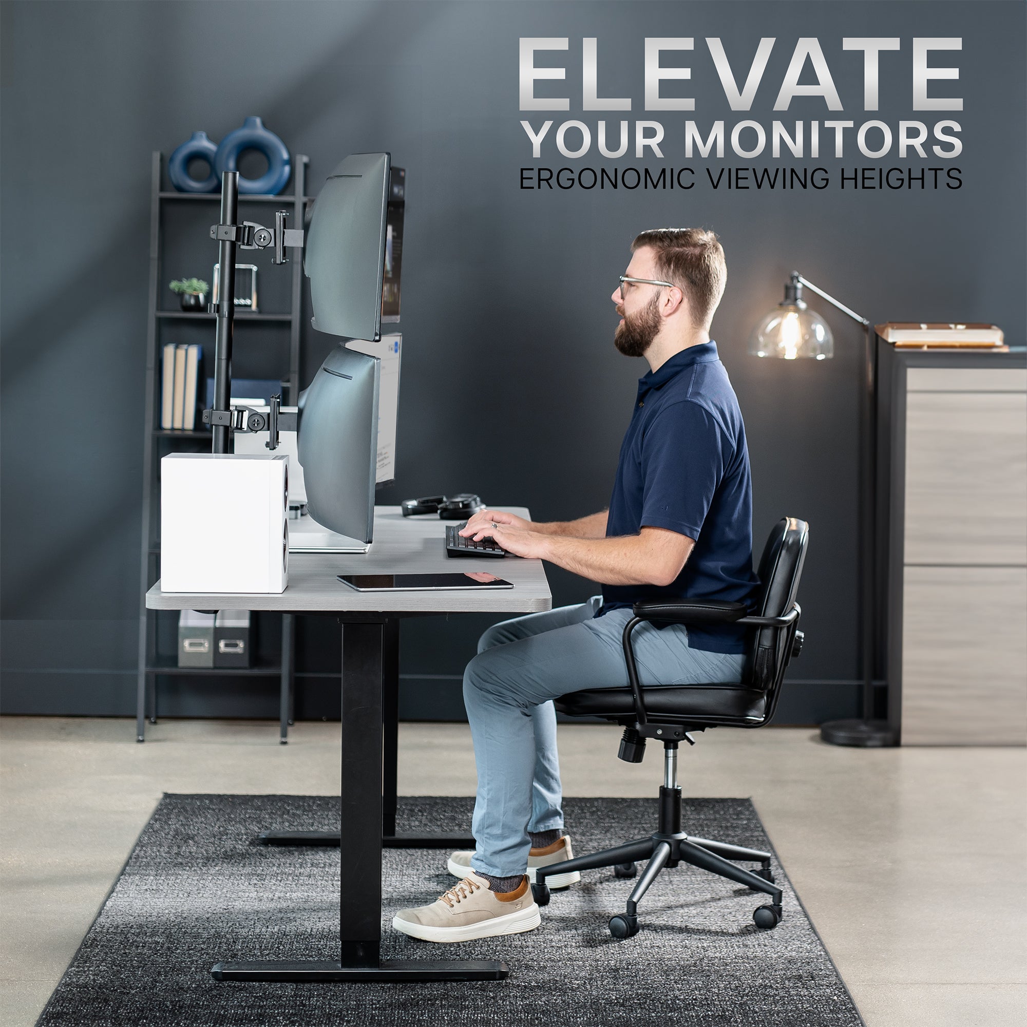 Stacked vertical dual monitor ultrawide desk mount with height adjustment, tilt, swivel, and integrated cable management.