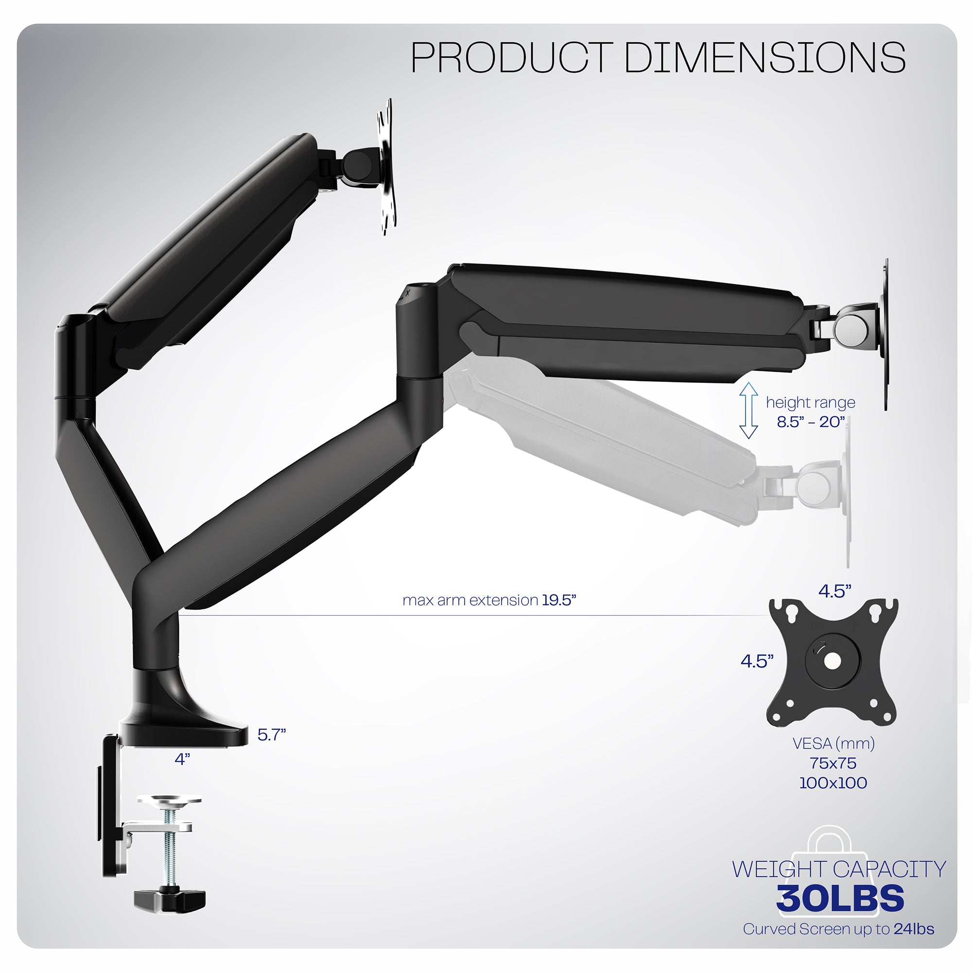 A dual ultrawide monitor desk mount with pneumatic arms, in black color.