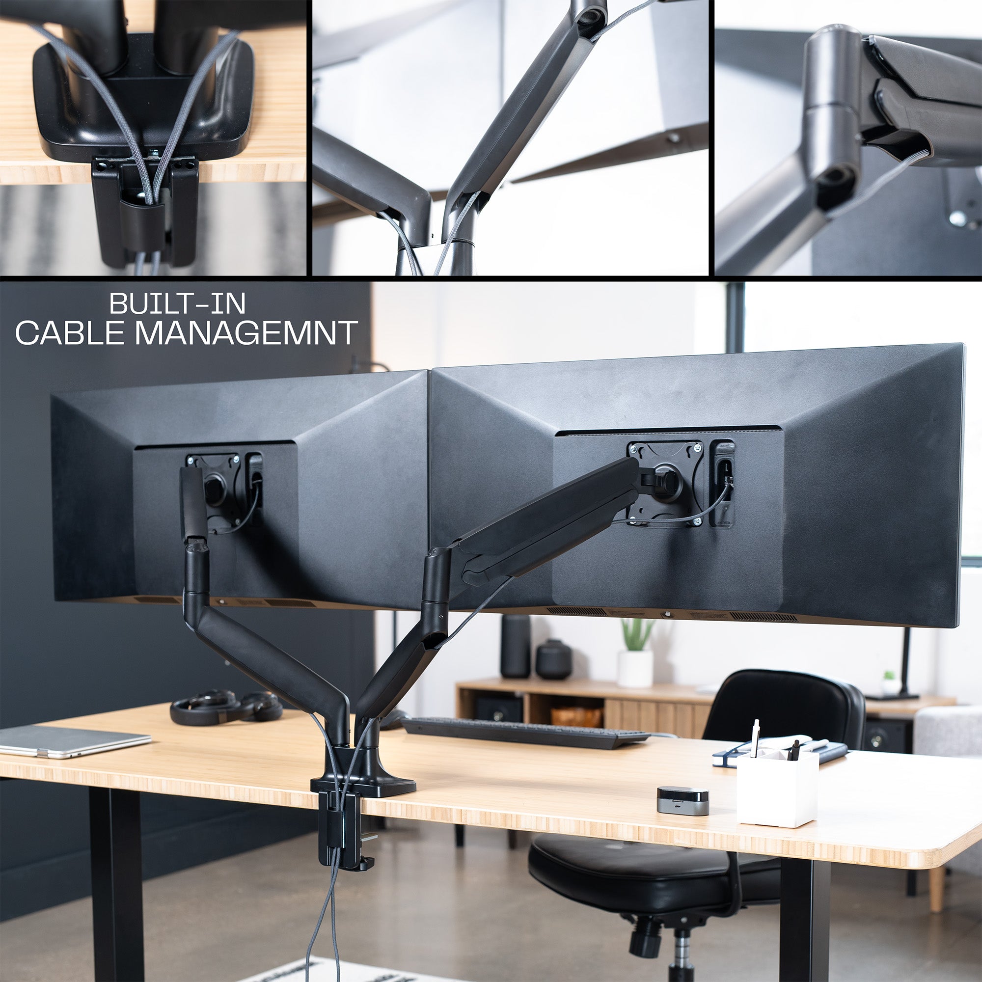 A dual ultrawide monitor desk mount with pneumatic arms and text displaying built-in cable management.