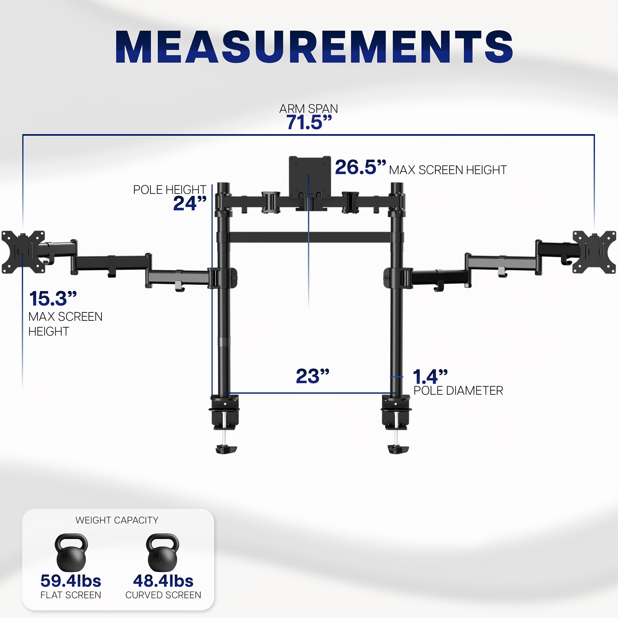 Measurement chart of a triple monitor stand with various dimensions and specifications.