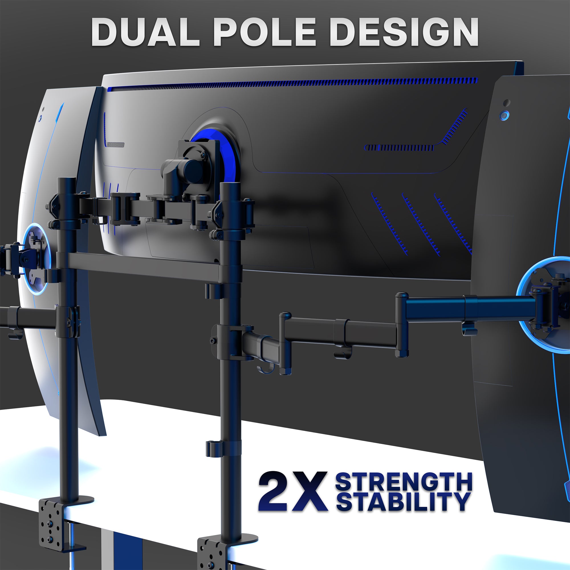 2-Pole Triple Monitor Desk Mount (1 Ultrawide + 2 Standard) - Up to 49" Screens with dual pole design.