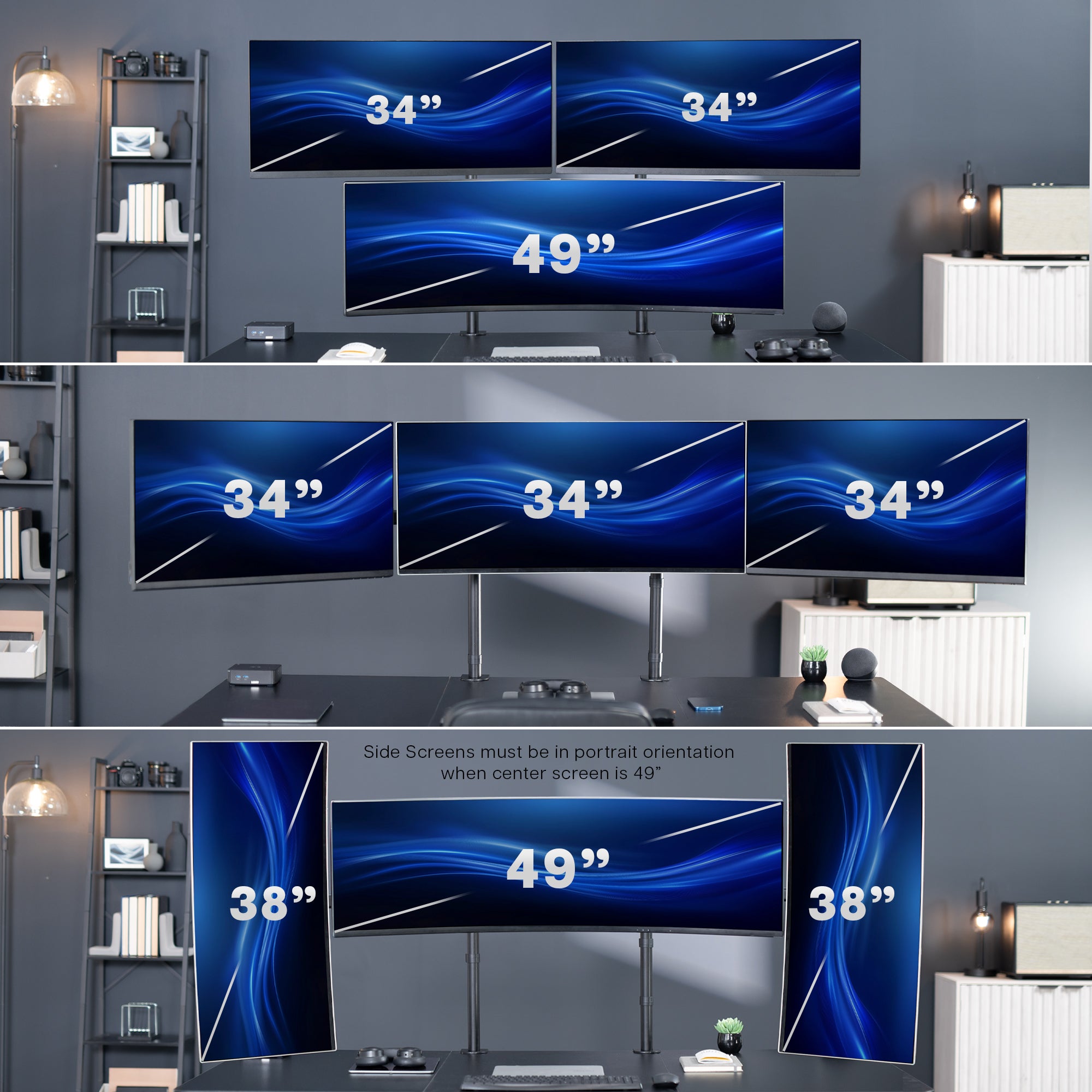 Multiple computer monitors of different sizes displayed on a stand against a gray wall showing various arrangements and orientations.