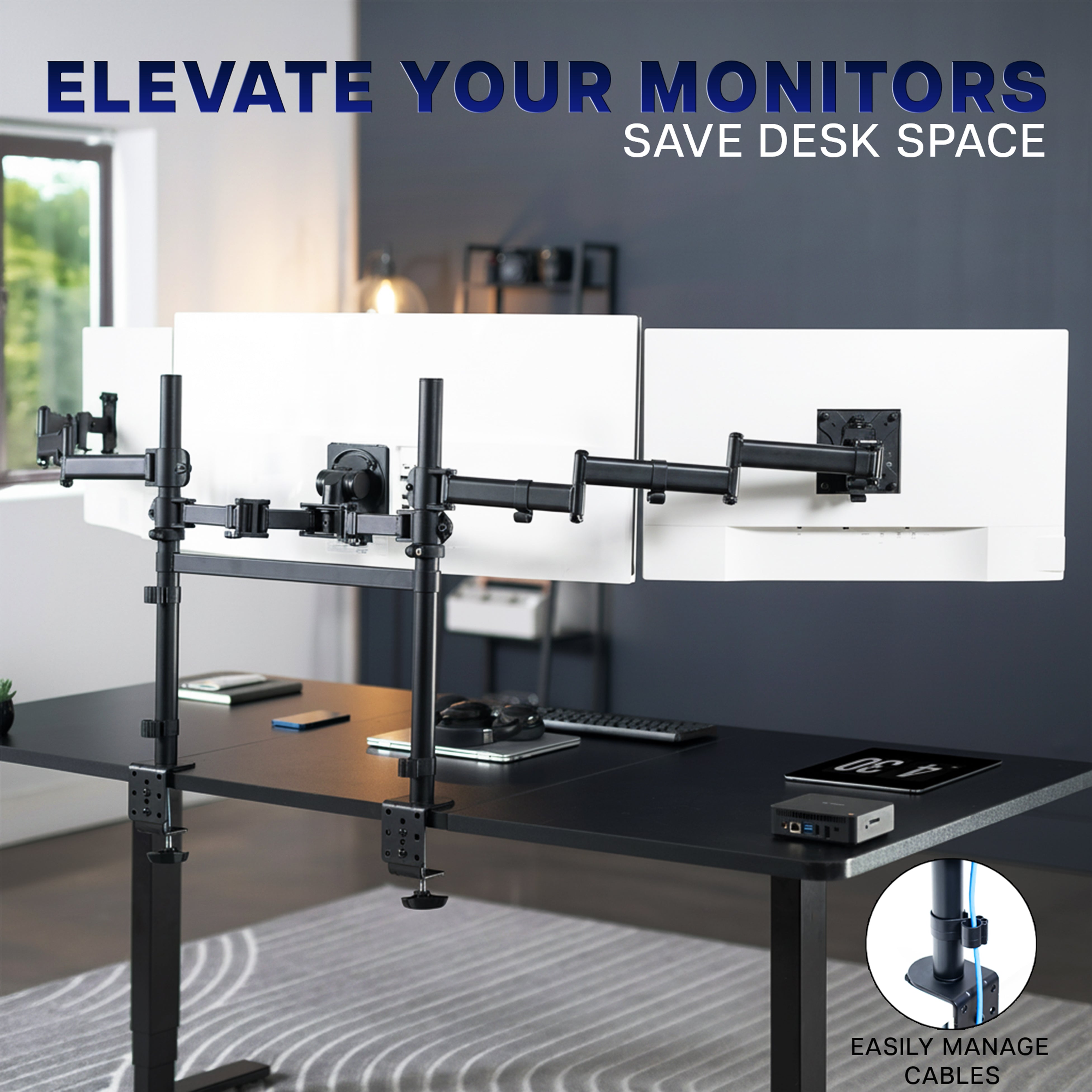 Multiple monitor stand with text 'Elevate Your Monitors, Save Desk Space' in a home office setting.