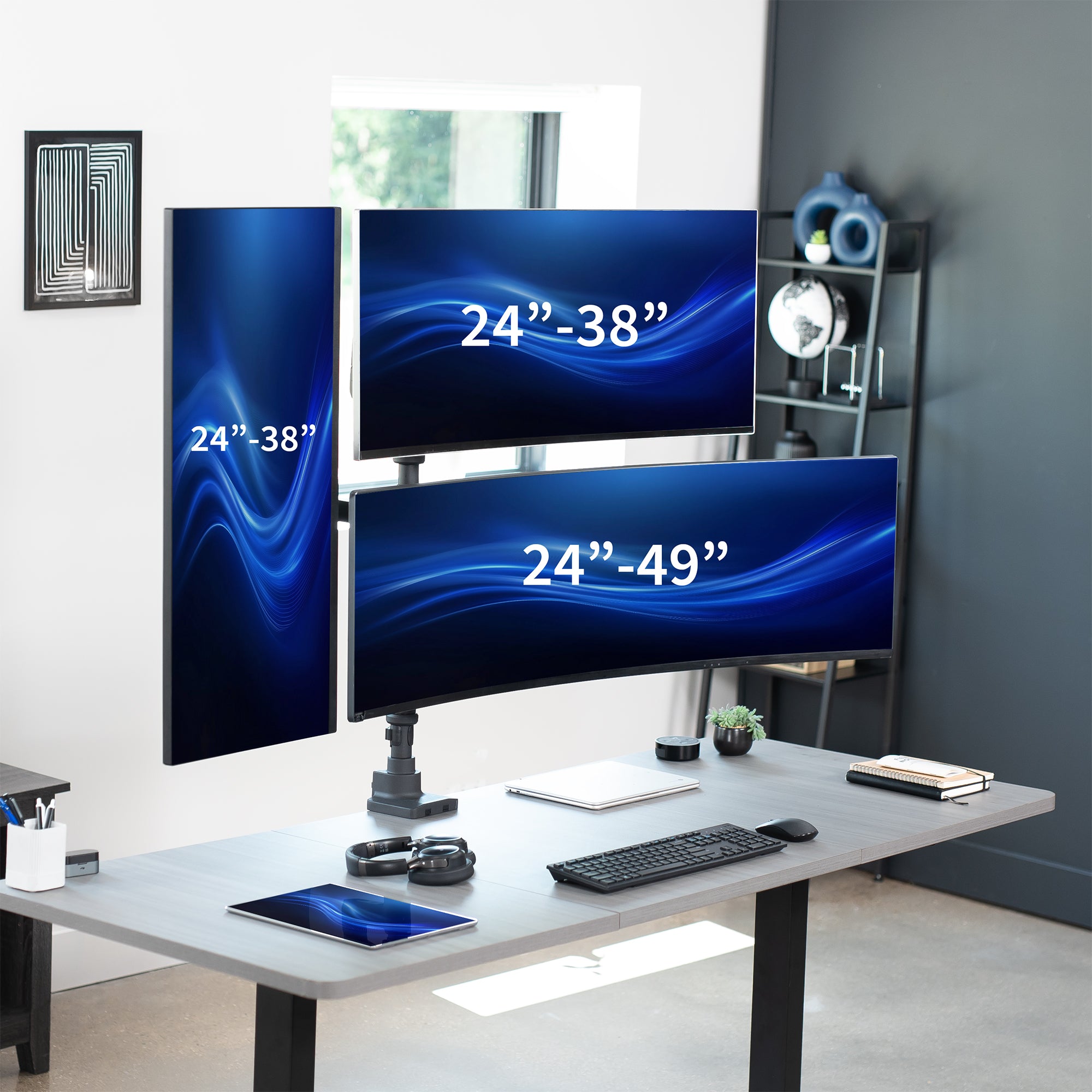 Triple monitor ultrawide desk mount with extending arms. Featuring height adjustment, tilt, swivel, rotation, and integrated cable management.