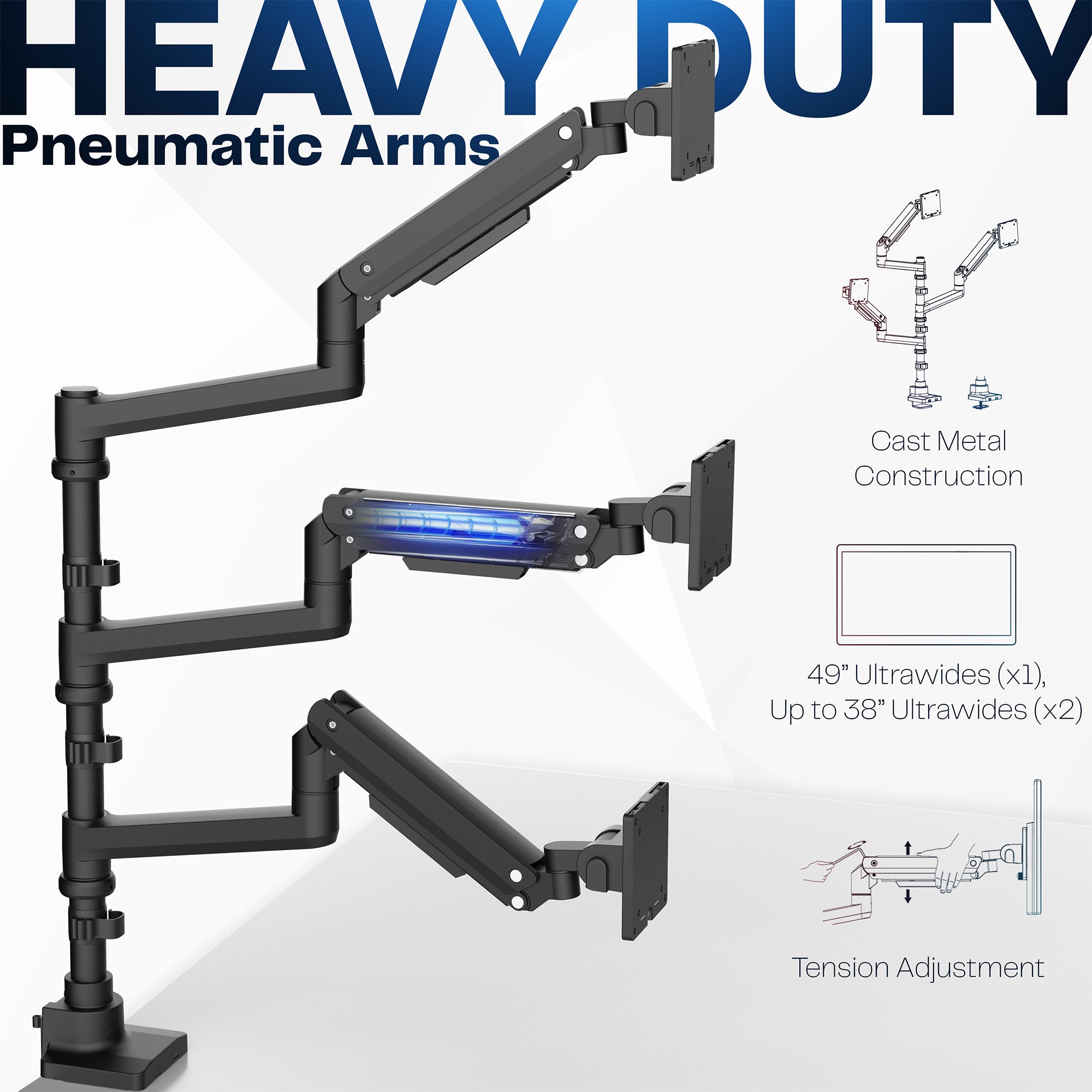 Triple monitor ultrawide desk mount with extending arms. Featuring height adjustment, tilt, swivel, rotation, and integrated cable management.