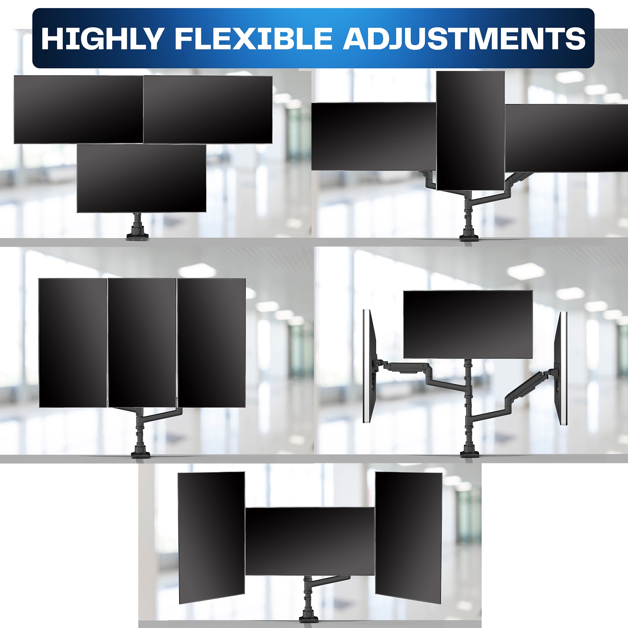 Triple monitor ultrawide desk mount with extending arms. Featuring height adjustment, tilt, swivel, rotation, and integrated cable management.
