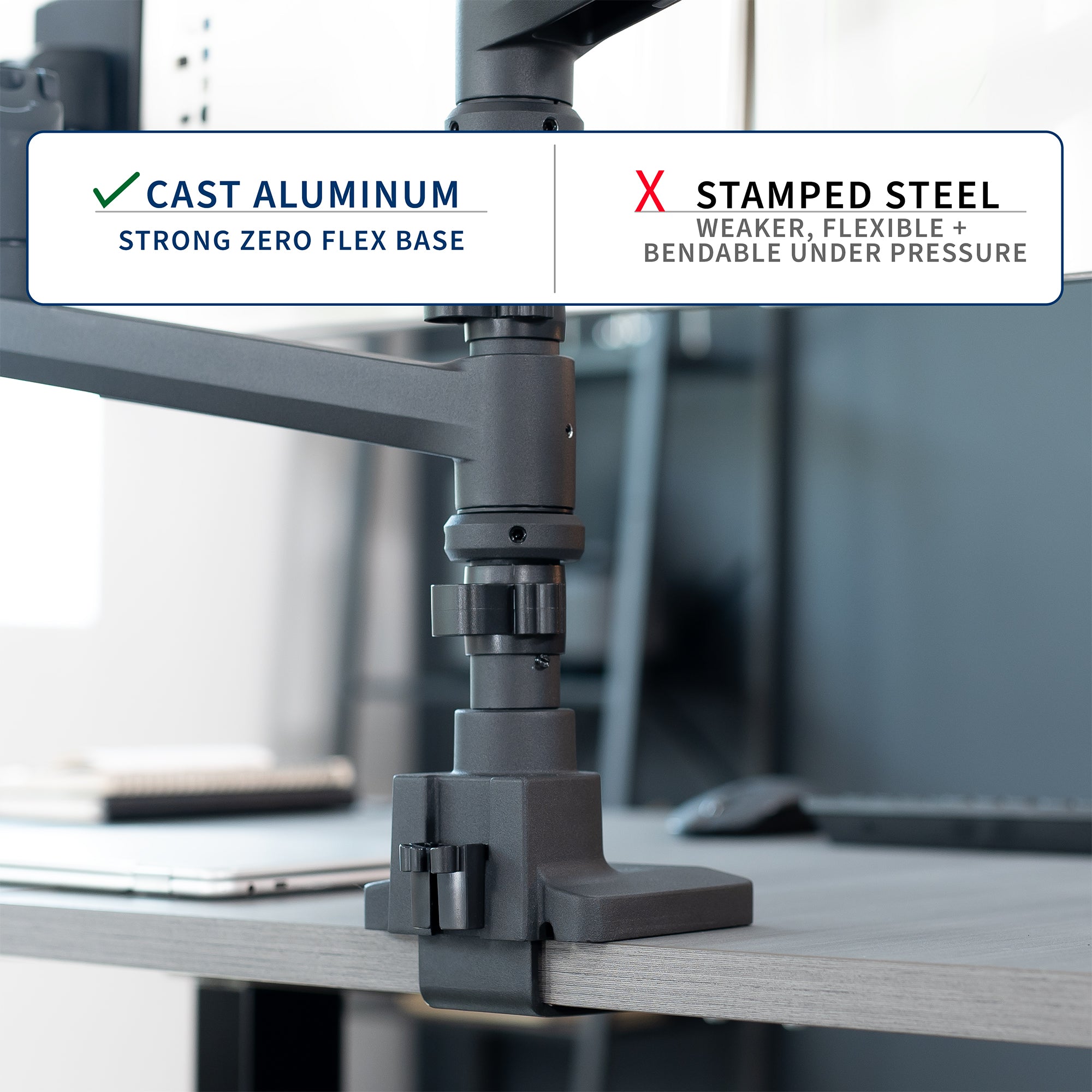 Triple monitor ultrawide desk mount with extending arms. Featuring height adjustment, tilt, swivel, rotation, and integrated cable management.