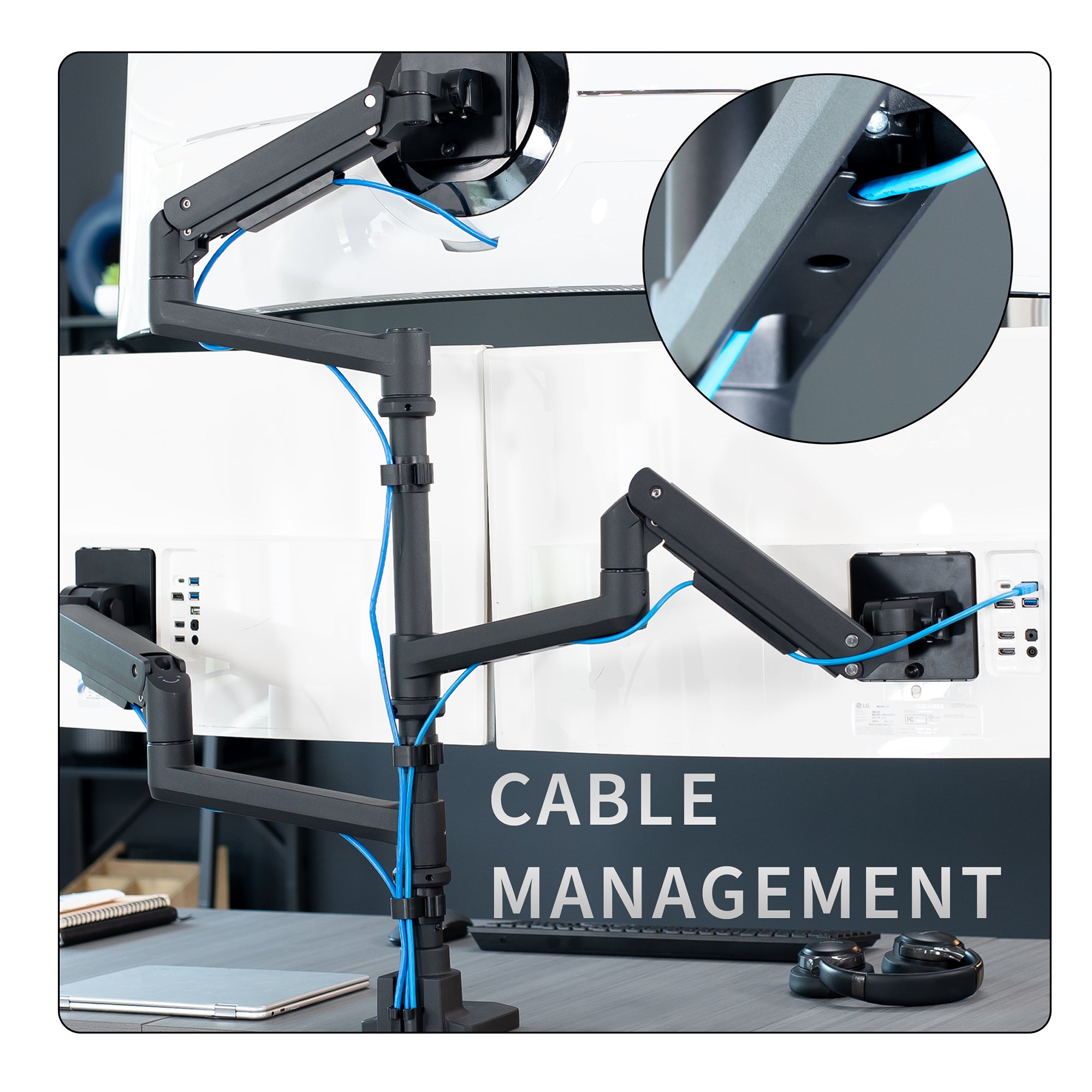 Triple monitor ultrawide desk mount with extending arms. Featuring height adjustment, tilt, swivel, rotation, and integrated cable management.