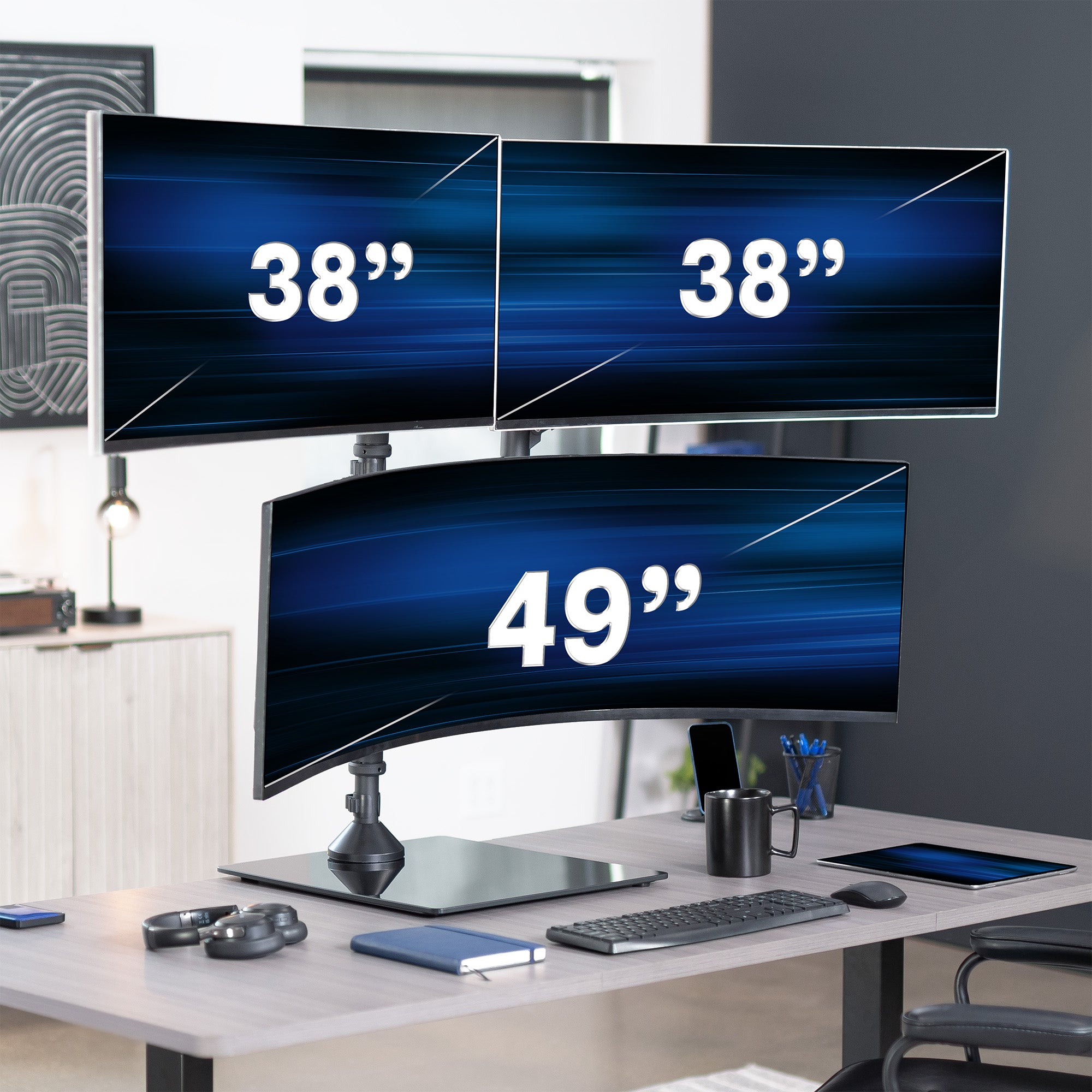 Pneumatic Arm Triple Ultrawide Monitor Extra Tall Desk Stand - Up to 49" Screens