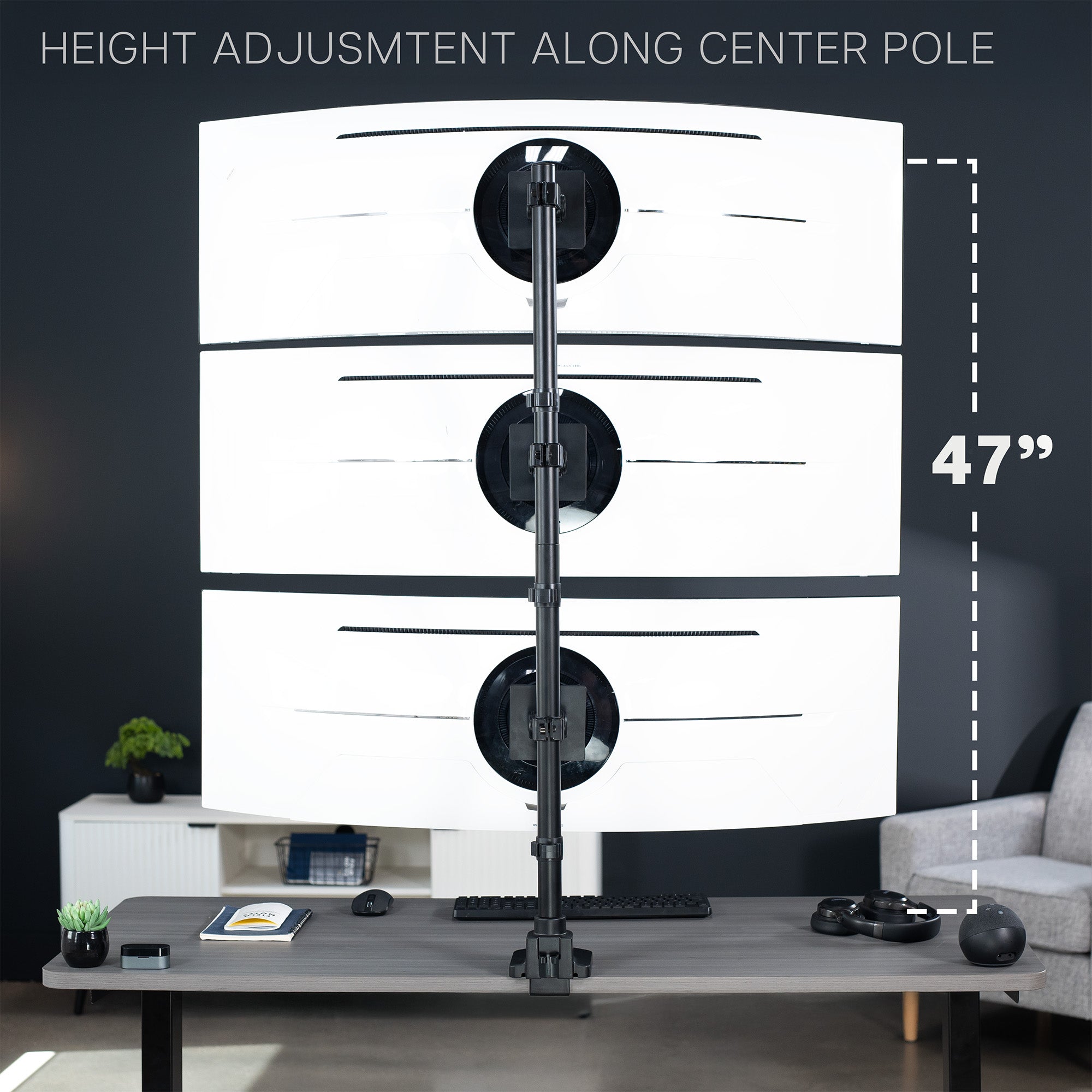 Black adjustable stand with height measurement against a wall in a room setting