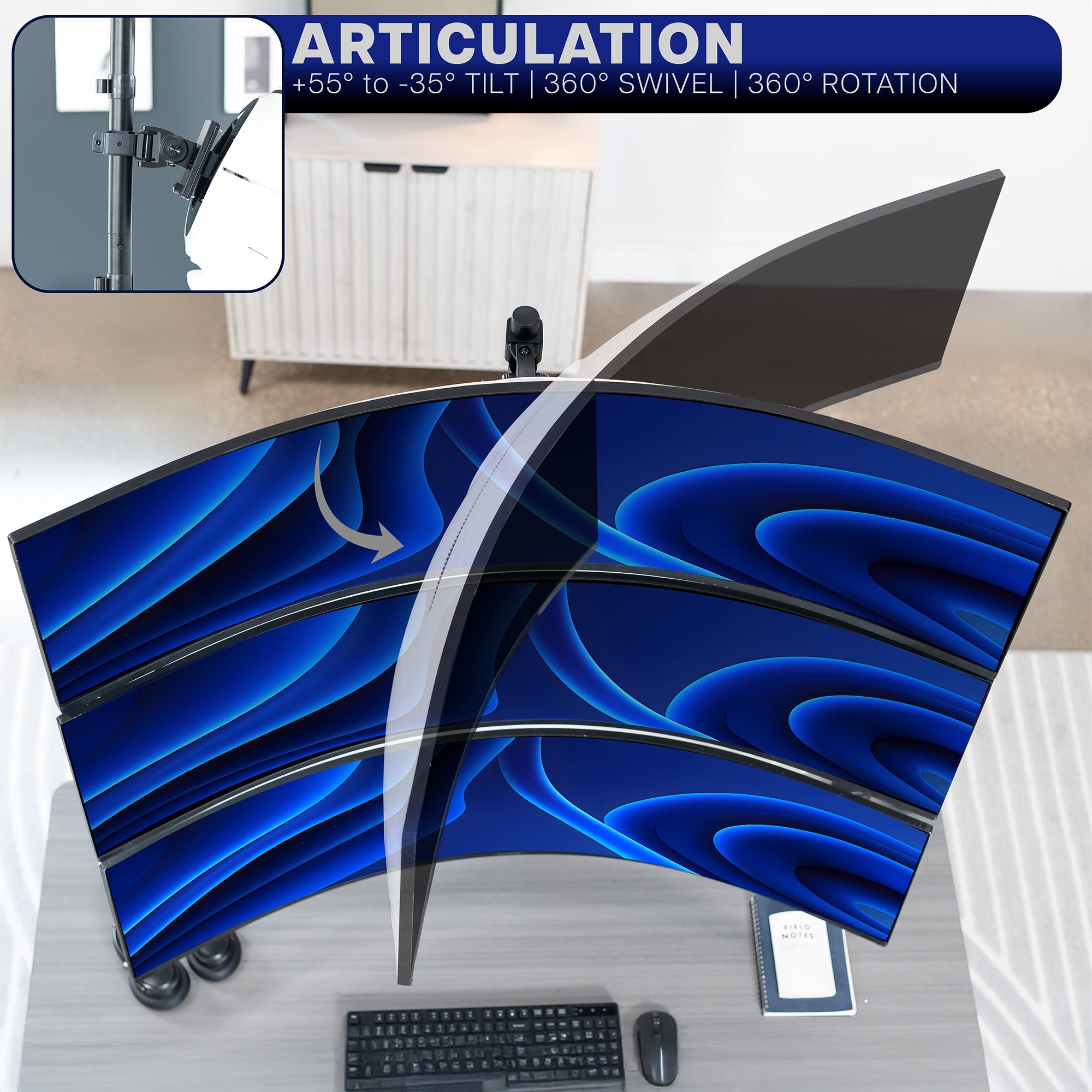 Multi-monitor setup with blue abstract design on a desk, featuring articulation features.