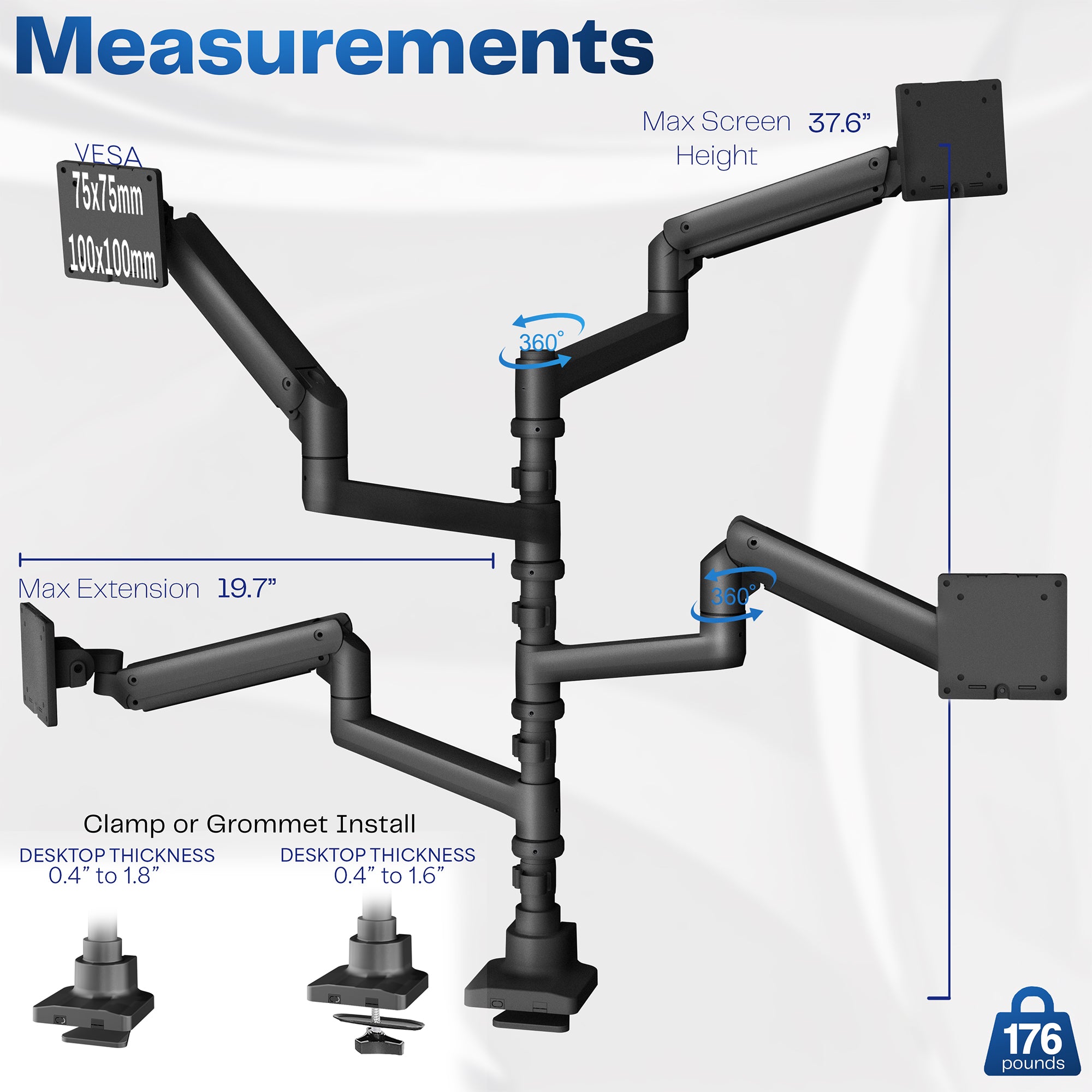 Detailed measurements of a dual monitor arm on a white background.
