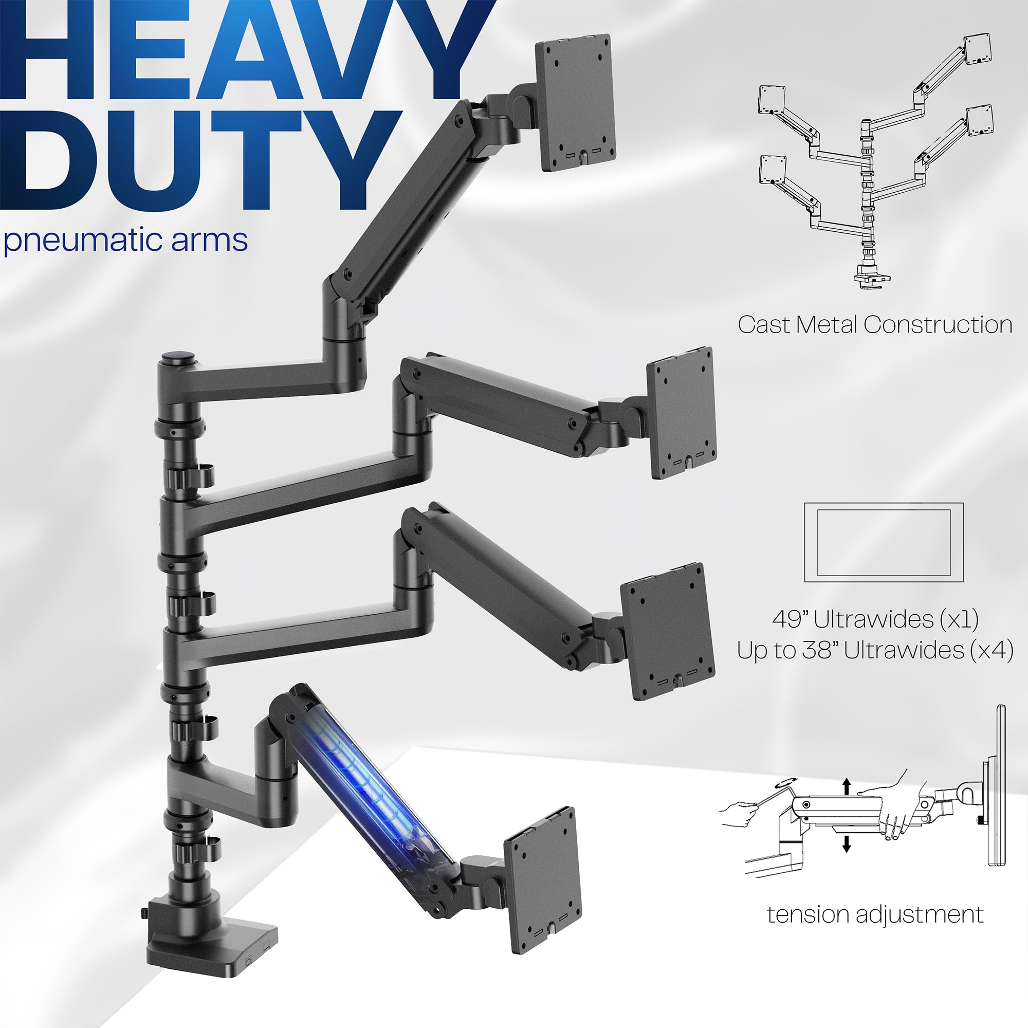 Heavy-duty pneumatic arm mount with multiple mounting points on a white background.