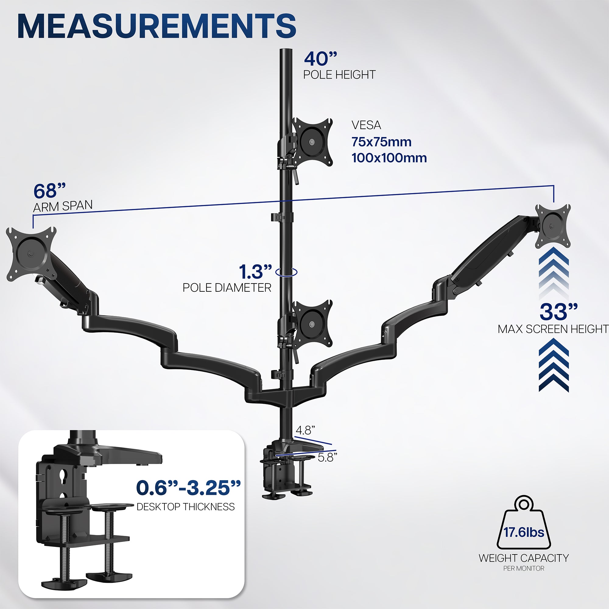 Quad monitor stand with measurements on a white background
