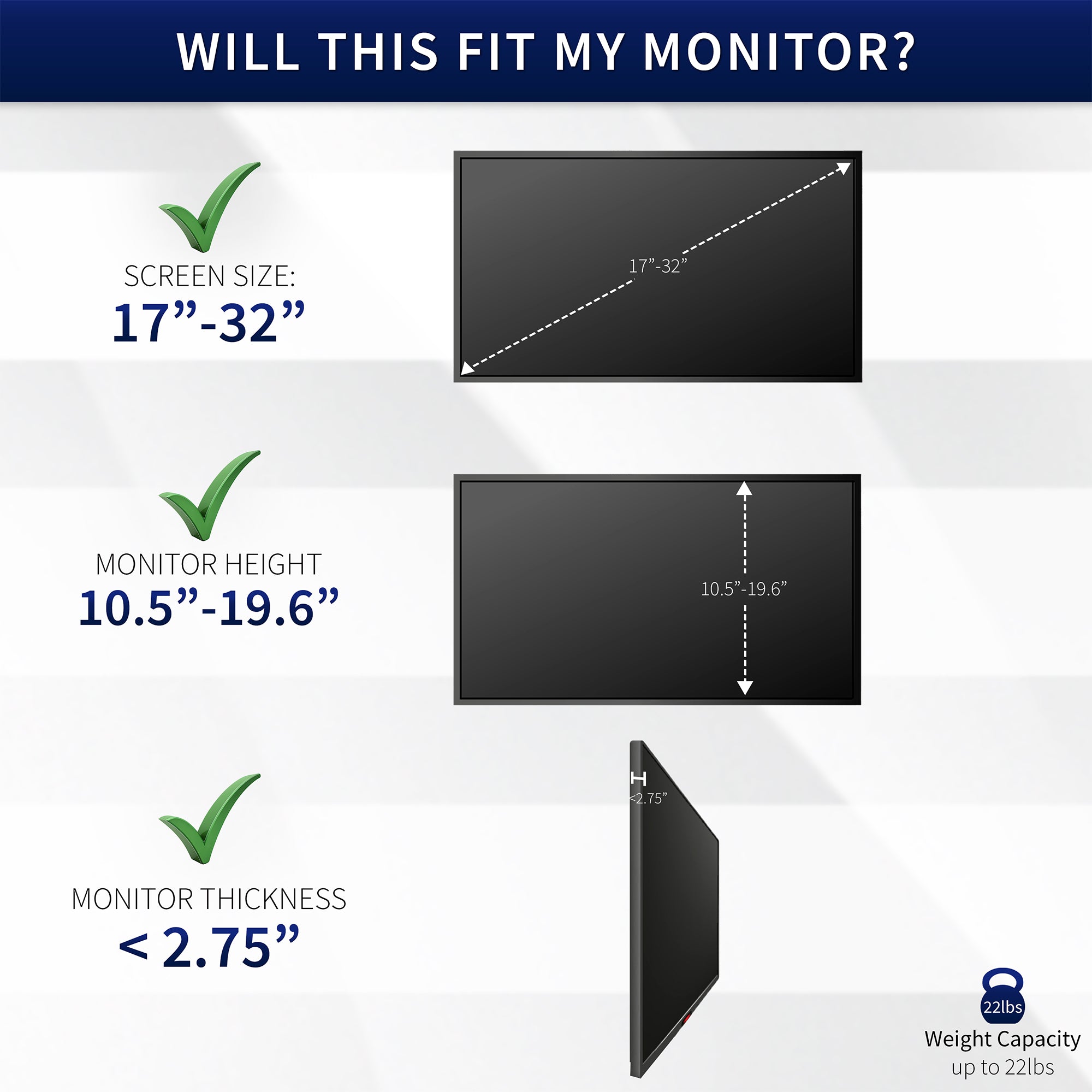 Monitor compatibility chart with dimensions for screen size, height, and thickness.