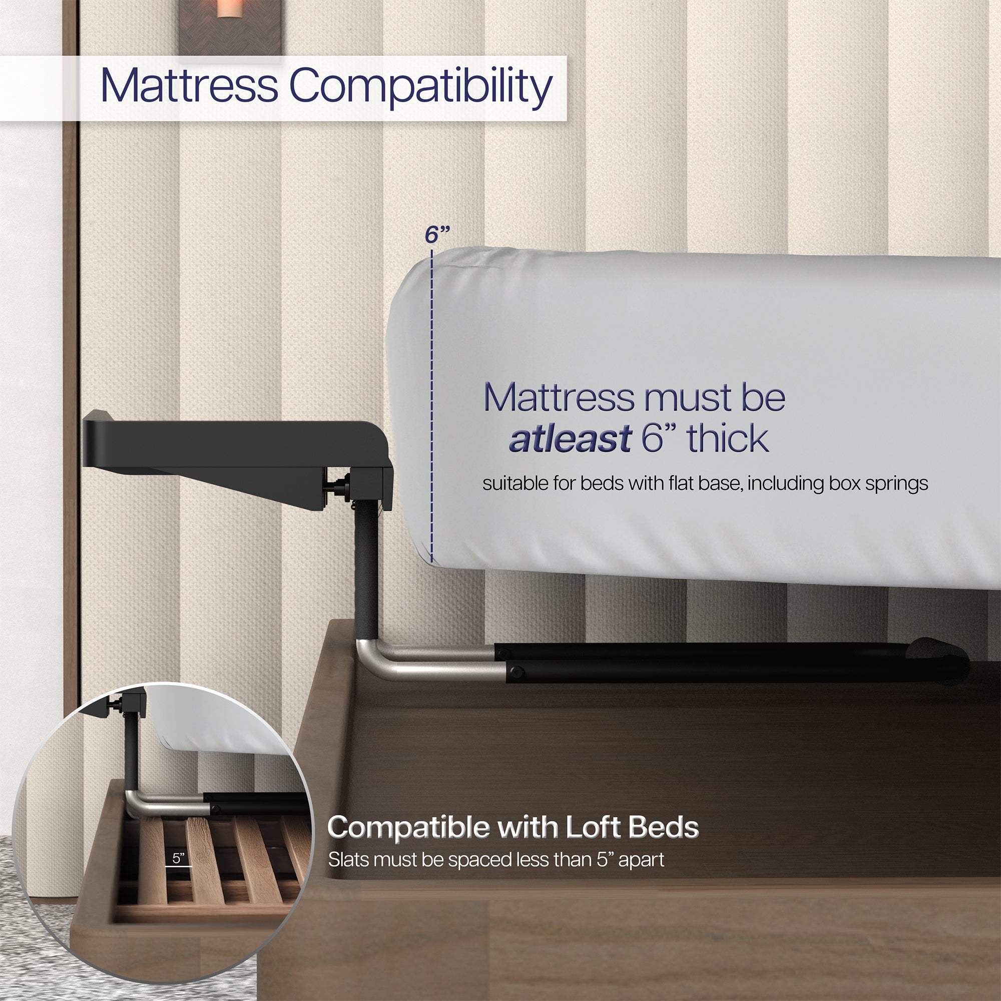 Sturdy under mattress bedside shelf nightstand tray for storage and organizing.