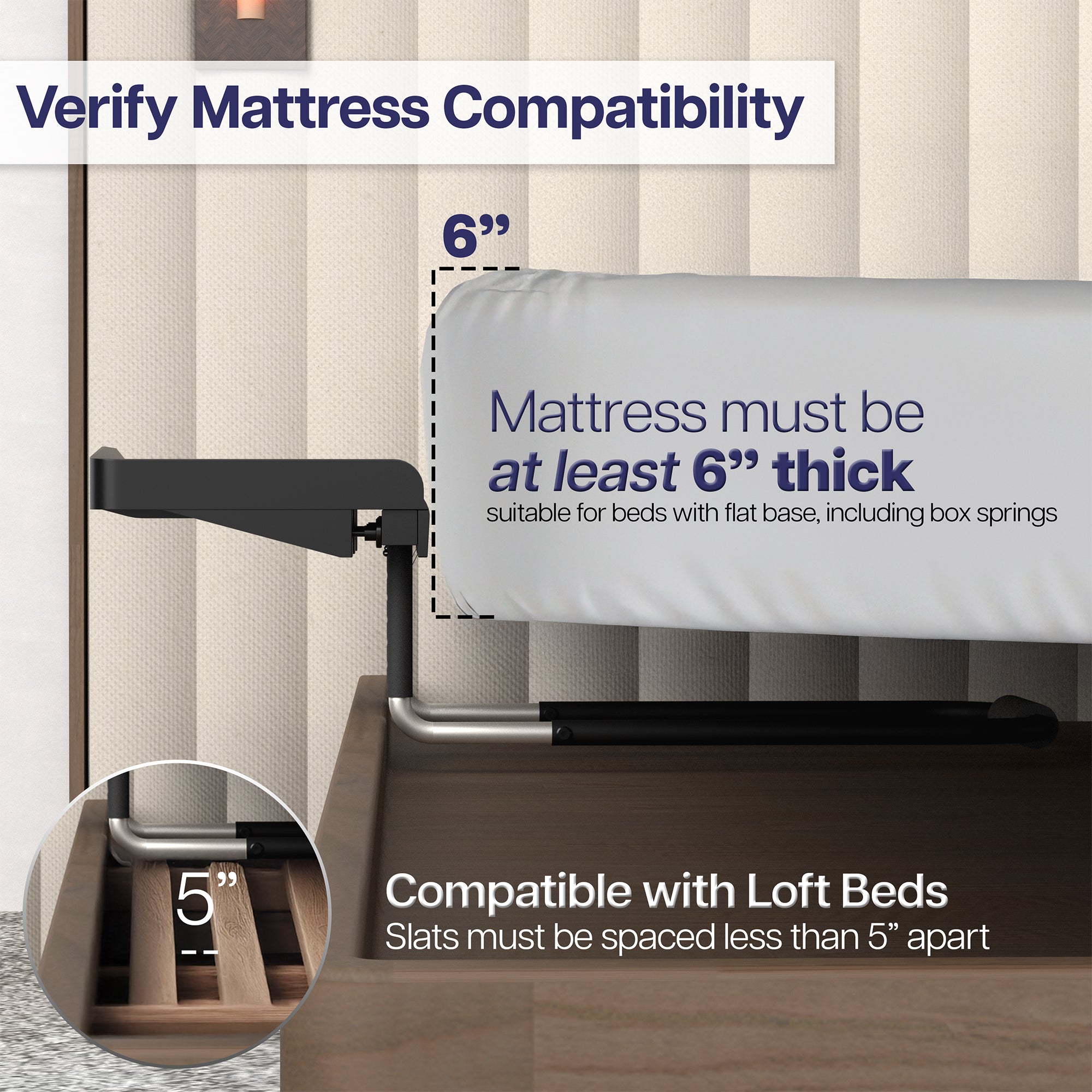 Under bed shelf with mattress compatibility information on a neutral background