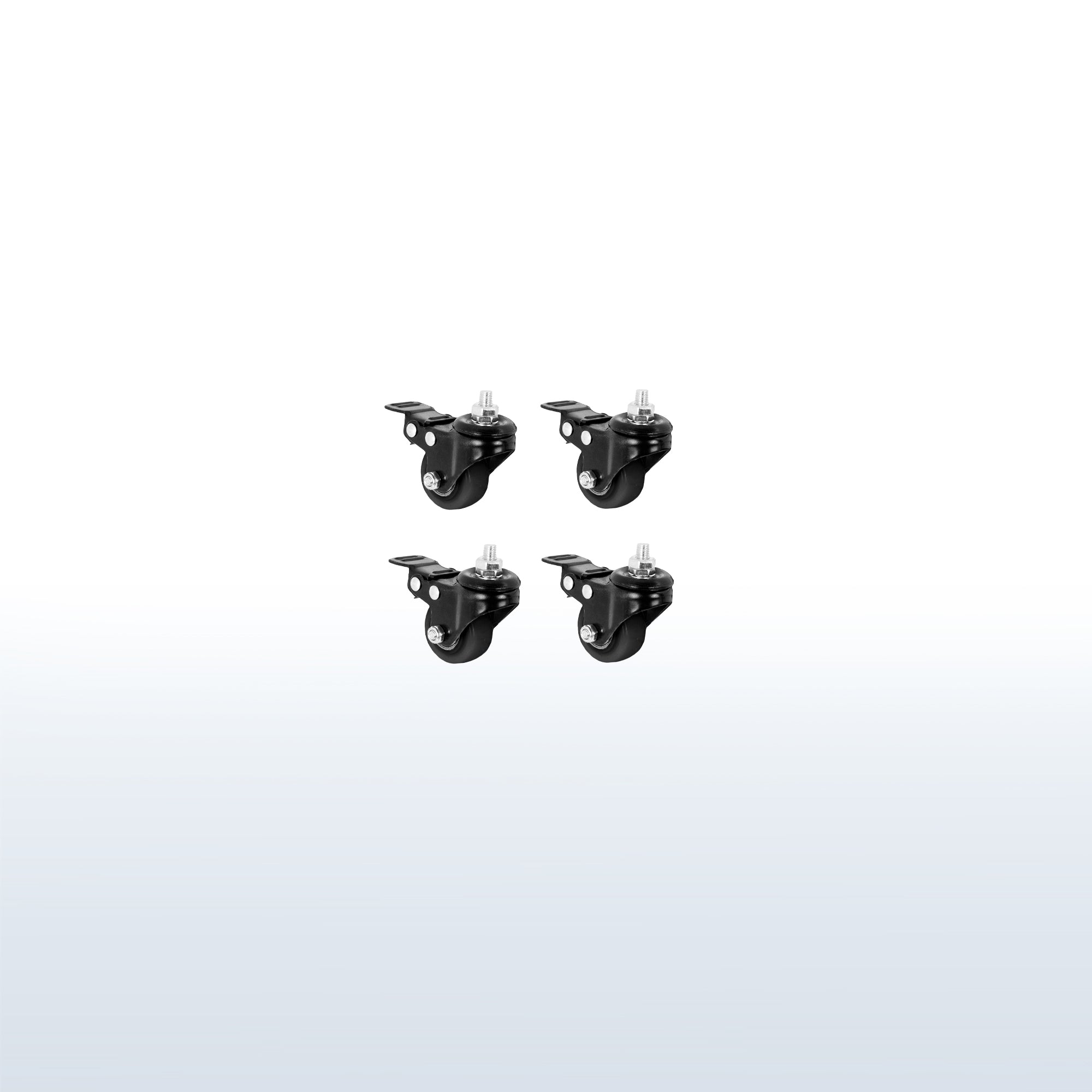 Four black locking caster wheels.