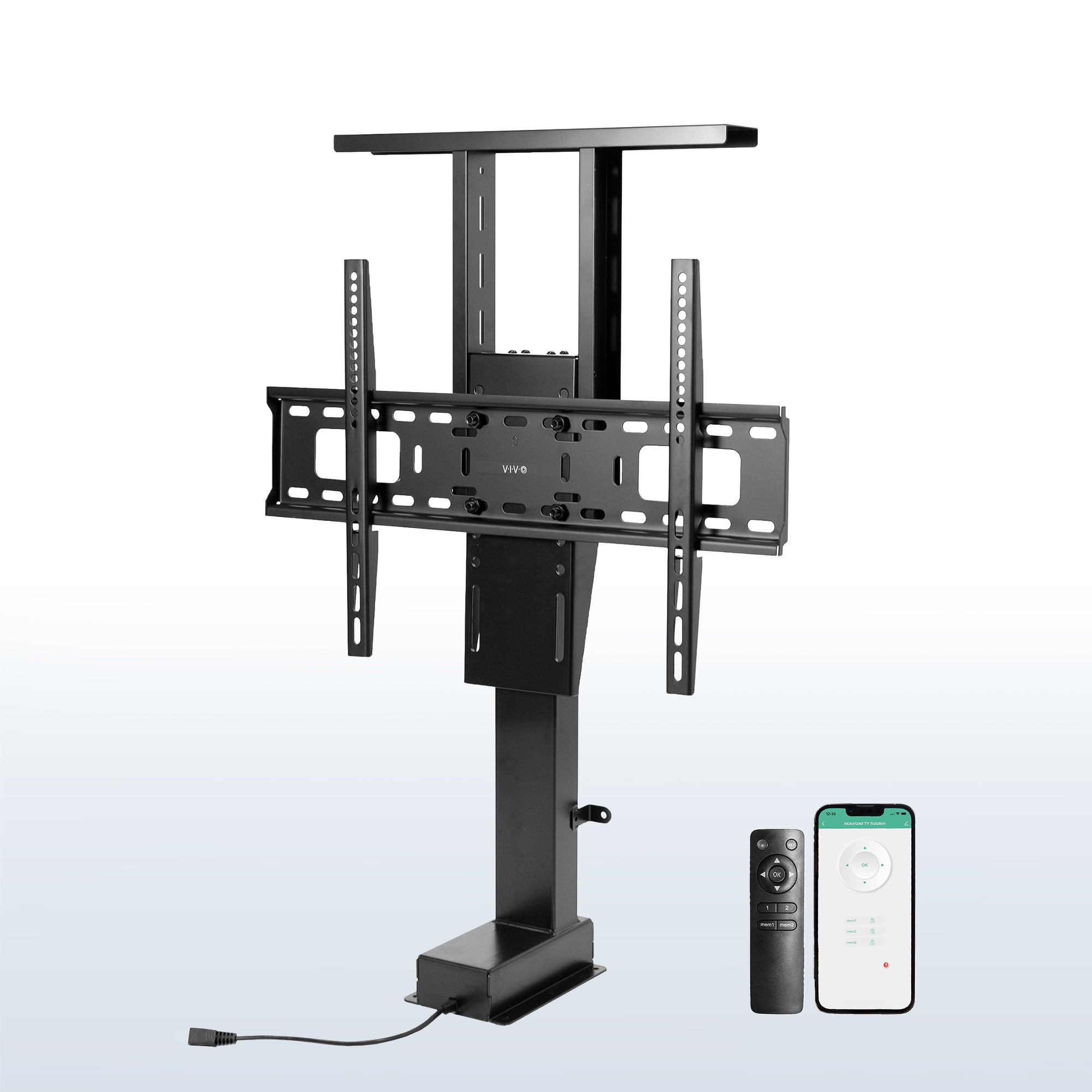 Motorized TV stand in black color with a remote control, designed to mount on a wall or cabinet.